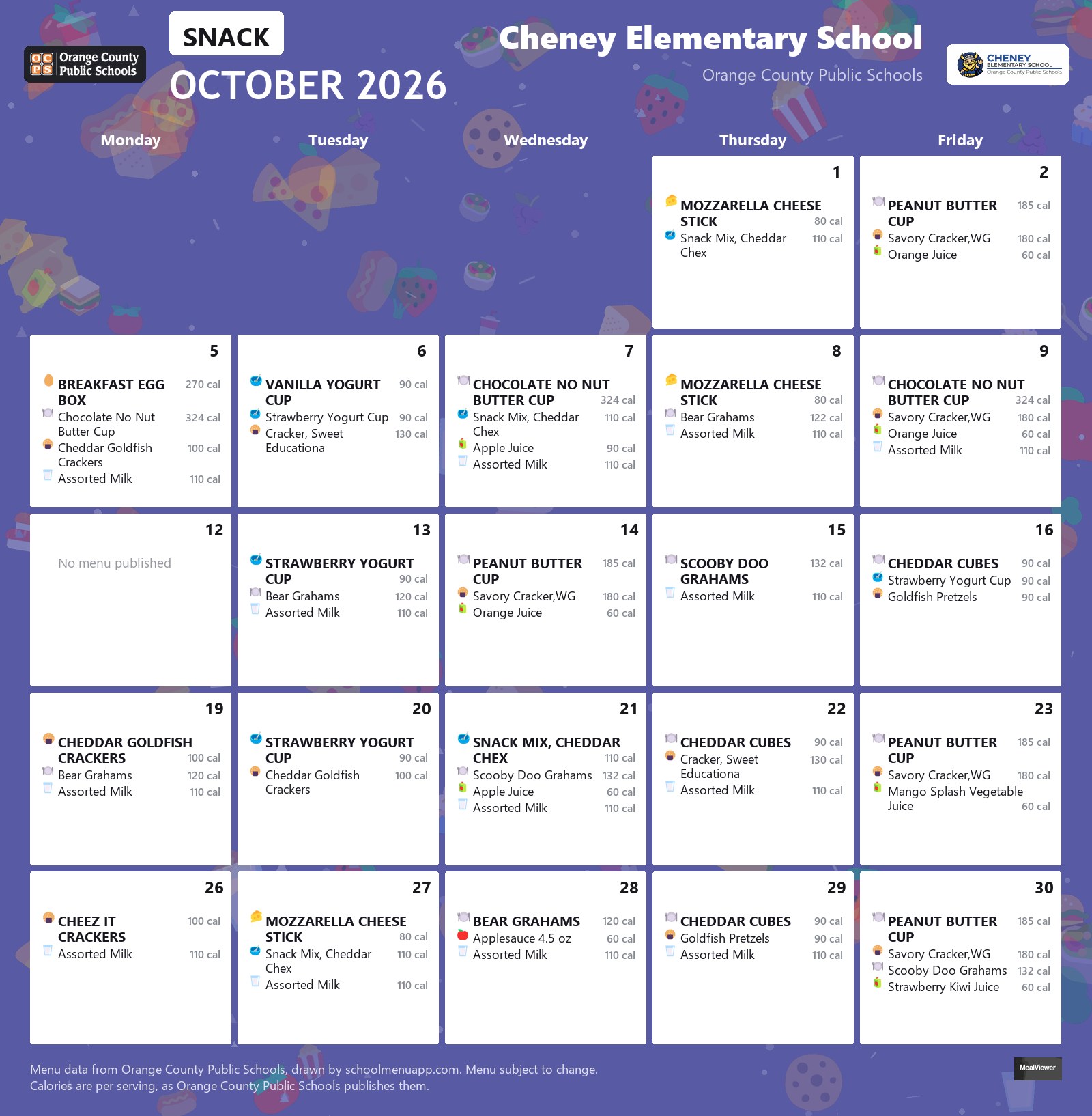 Cheney Elementary School snack menu for October 2026 &mdash; Orange County Public Schools