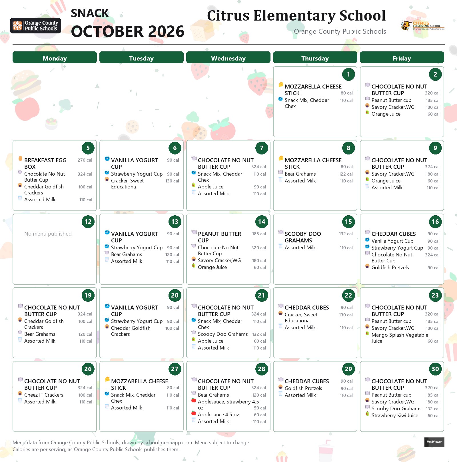 Citrus Elementary School snack menu for October 2026 &mdash; Orange County Public Schools