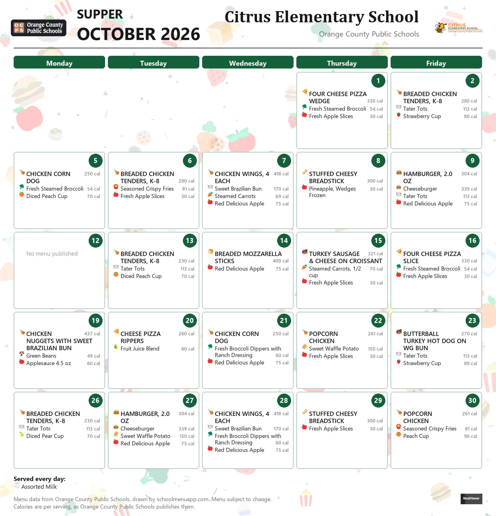 Citrus Elementary School supper menu for October 2026 &mdash; Orange County Public Schools