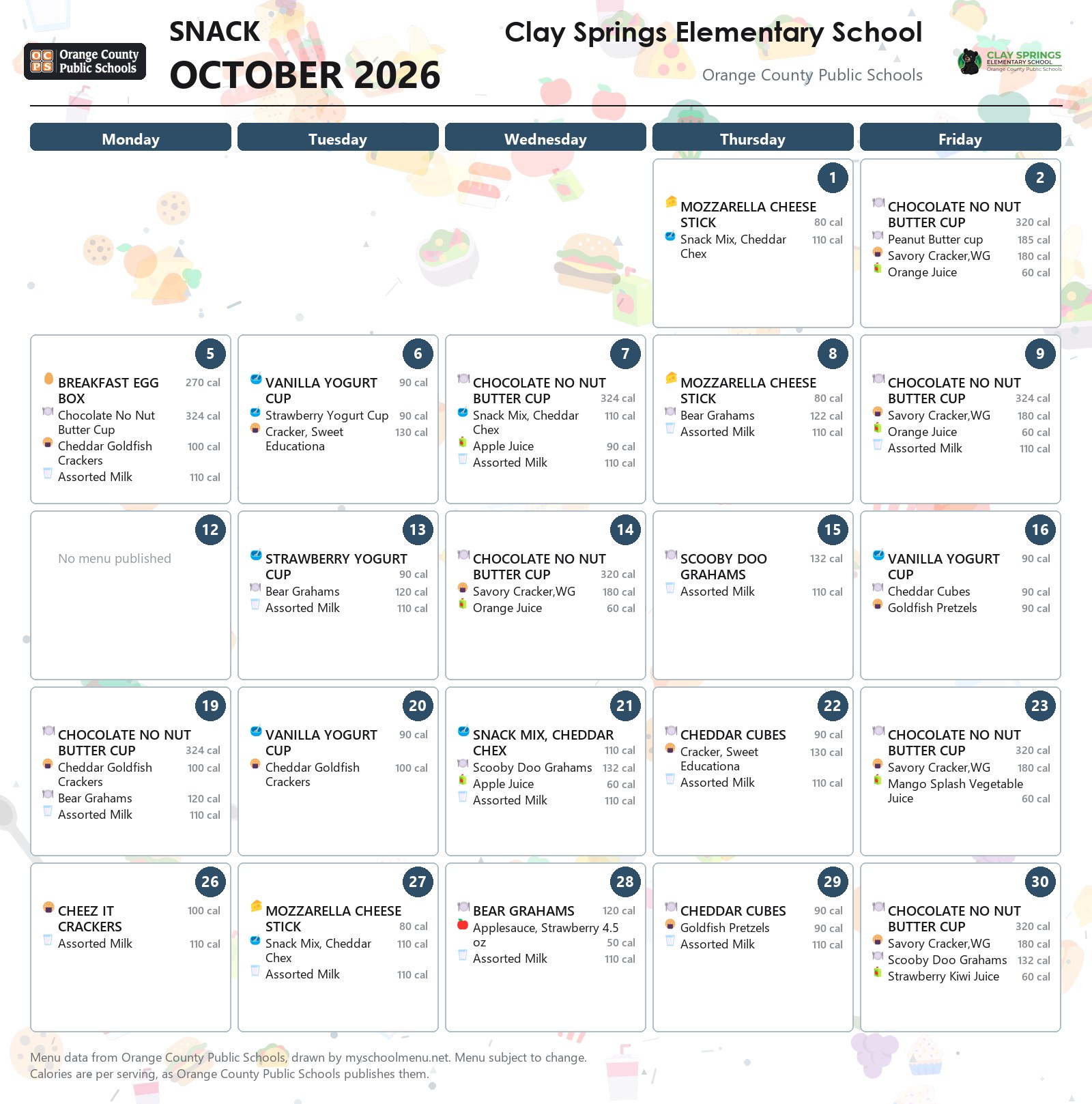 Clay Springs Elementary School snack menu for October 2026 &mdash; Orange County Public Schools