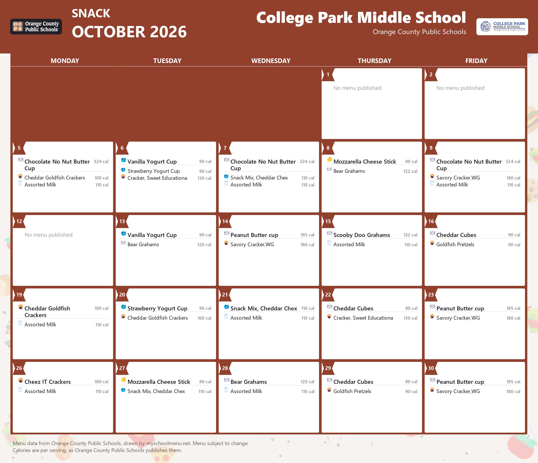 College Park Middle School snack menu for October 2026 &mdash; Orange County Public Schools