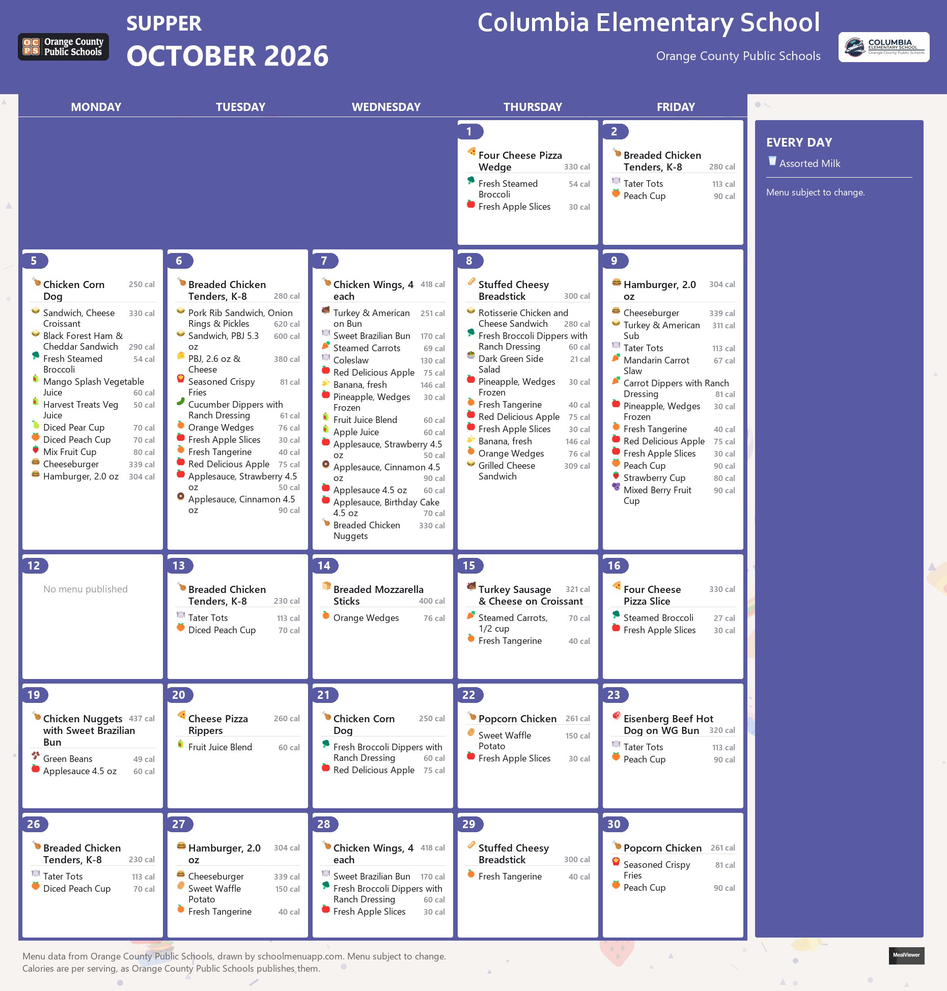Columbia Elementary School supper menu for October 2026 &mdash; Orange County Public Schools