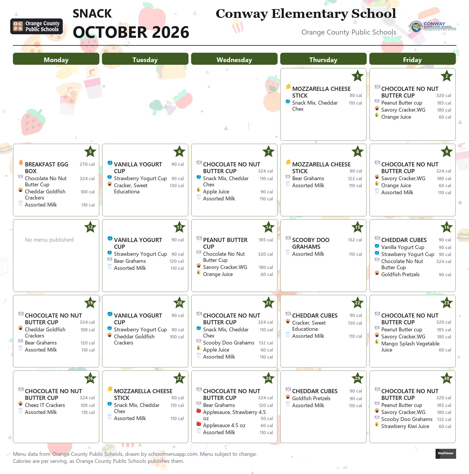 Conway Elementary School snack menu for October 2026 &mdash; Orange County Public Schools