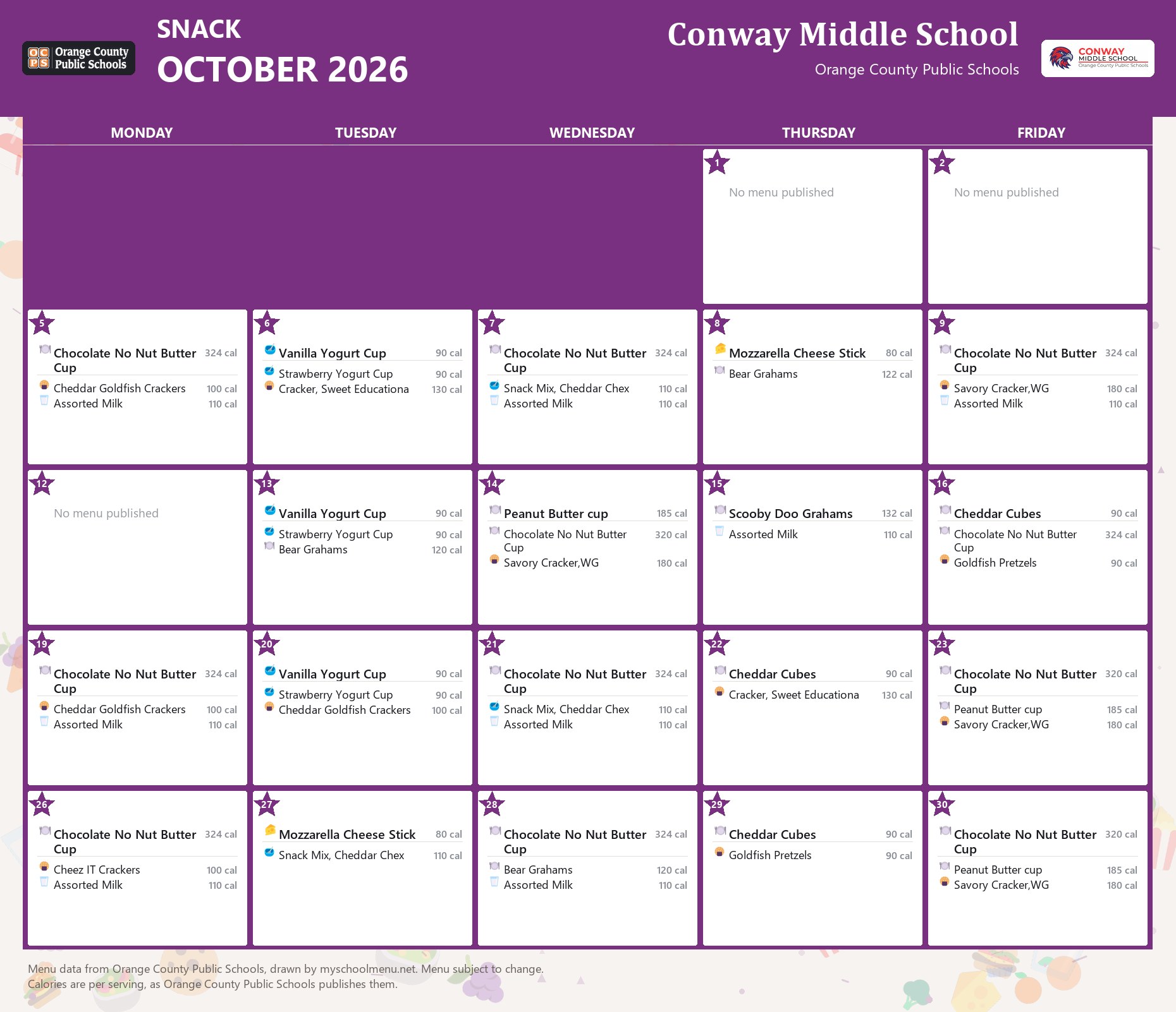 Conway Middle School snack menu for October 2026 &mdash; Orange County Public Schools