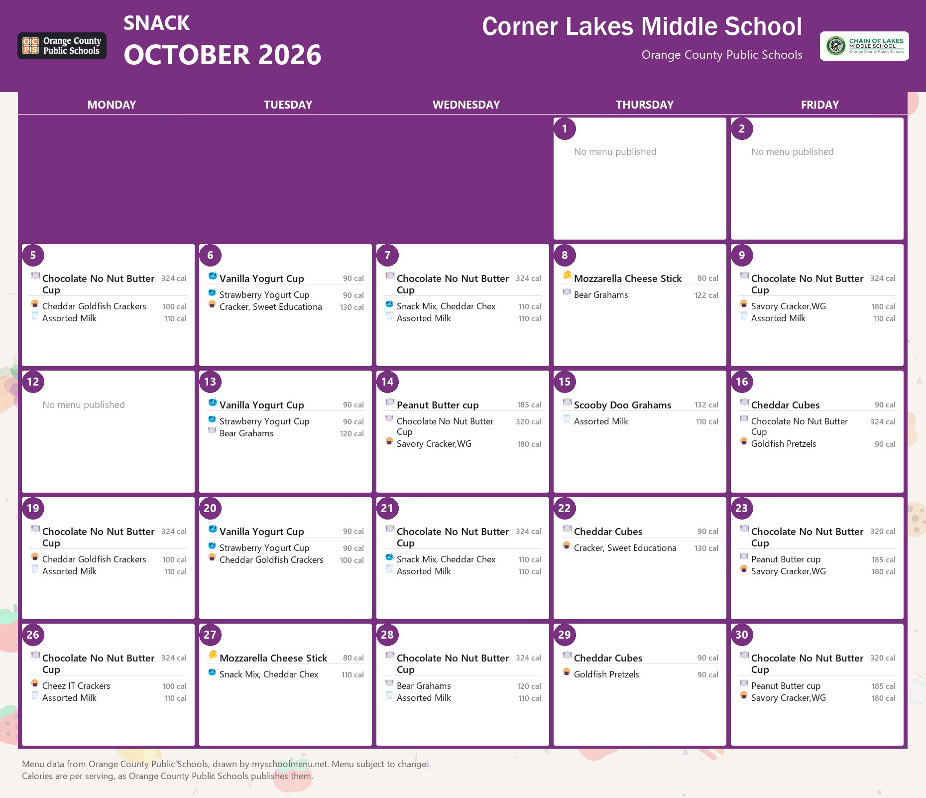Corner Lakes Middle School snack menu for October 2026 &mdash; Orange County Public Schools