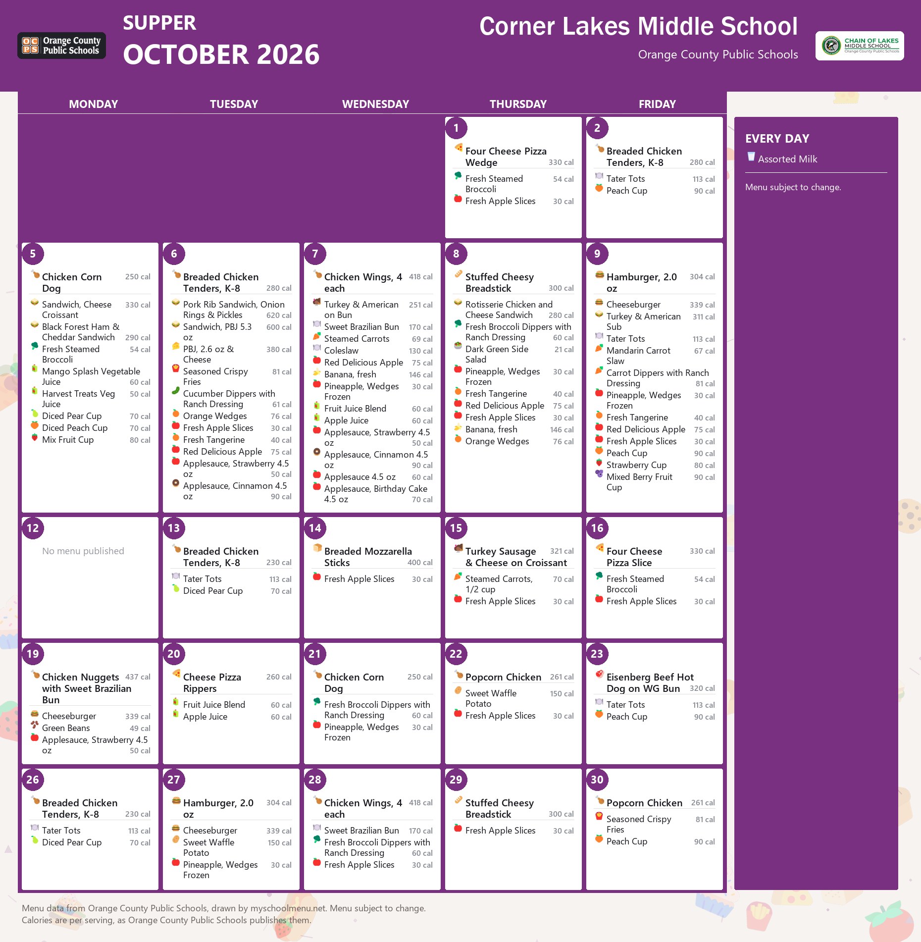Corner Lakes Middle School supper menu for October 2026 &mdash; Orange County Public Schools