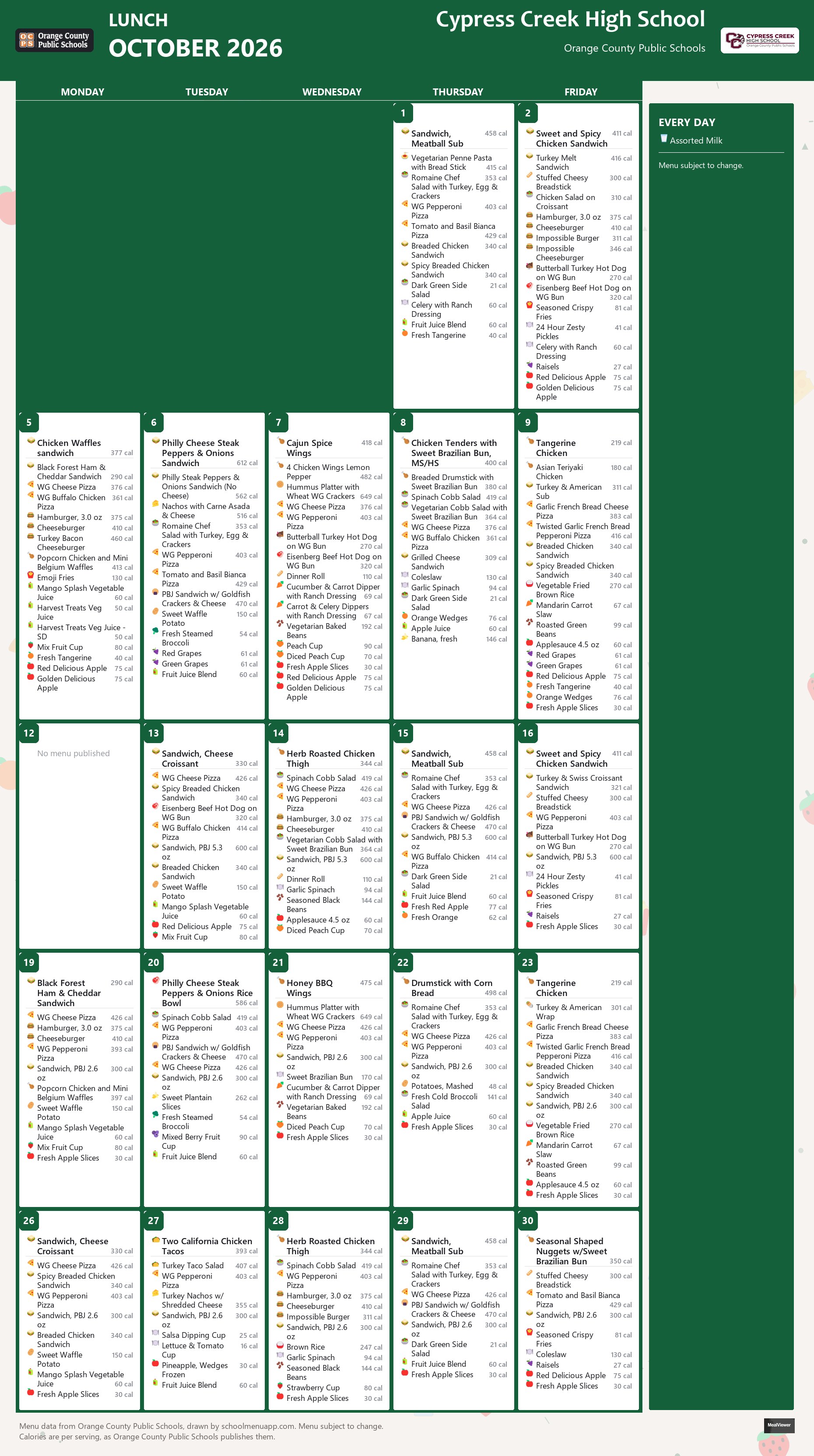 Cypress Creek High School lunch menu for October 2026 &mdash; Orange County Public Schools