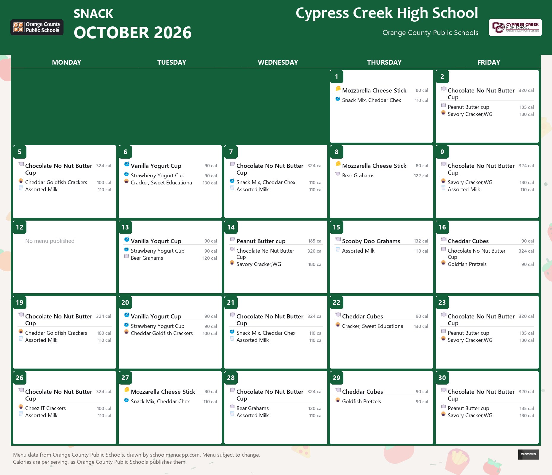 Cypress Creek High School snack menu for October 2026 &mdash; Orange County Public Schools