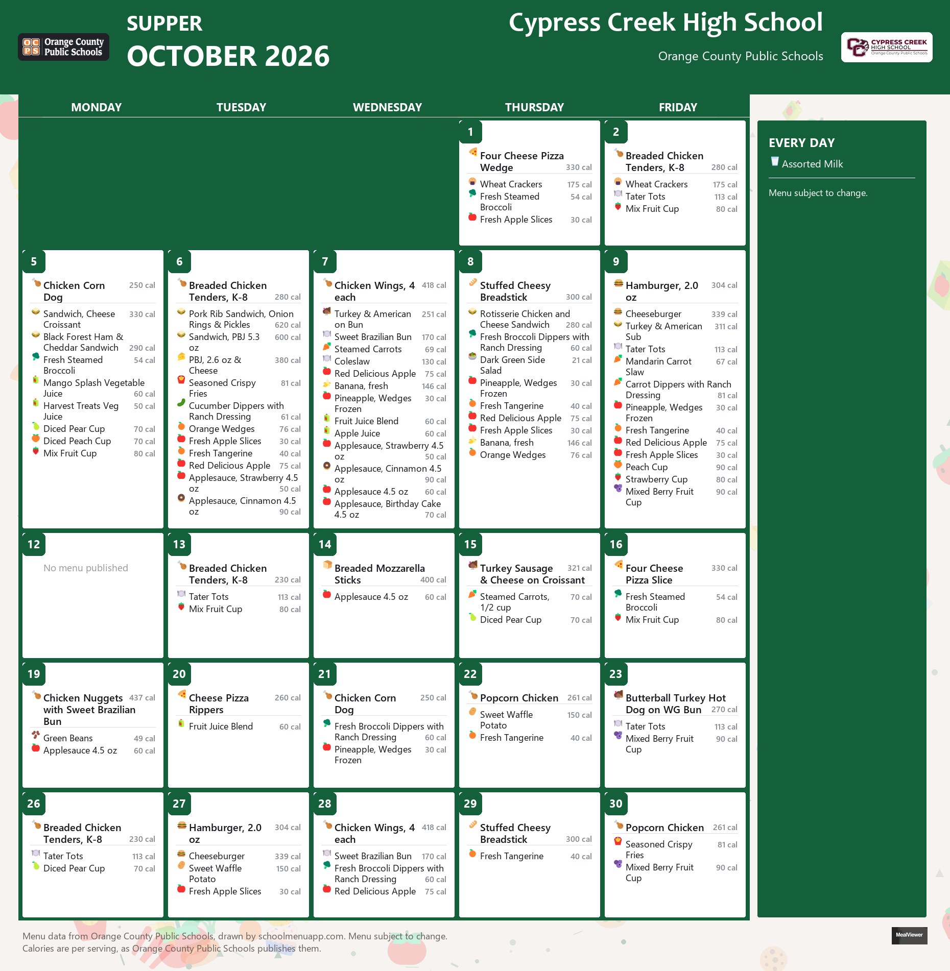 Cypress Creek High School supper menu for October 2026 &mdash; Orange County Public Schools