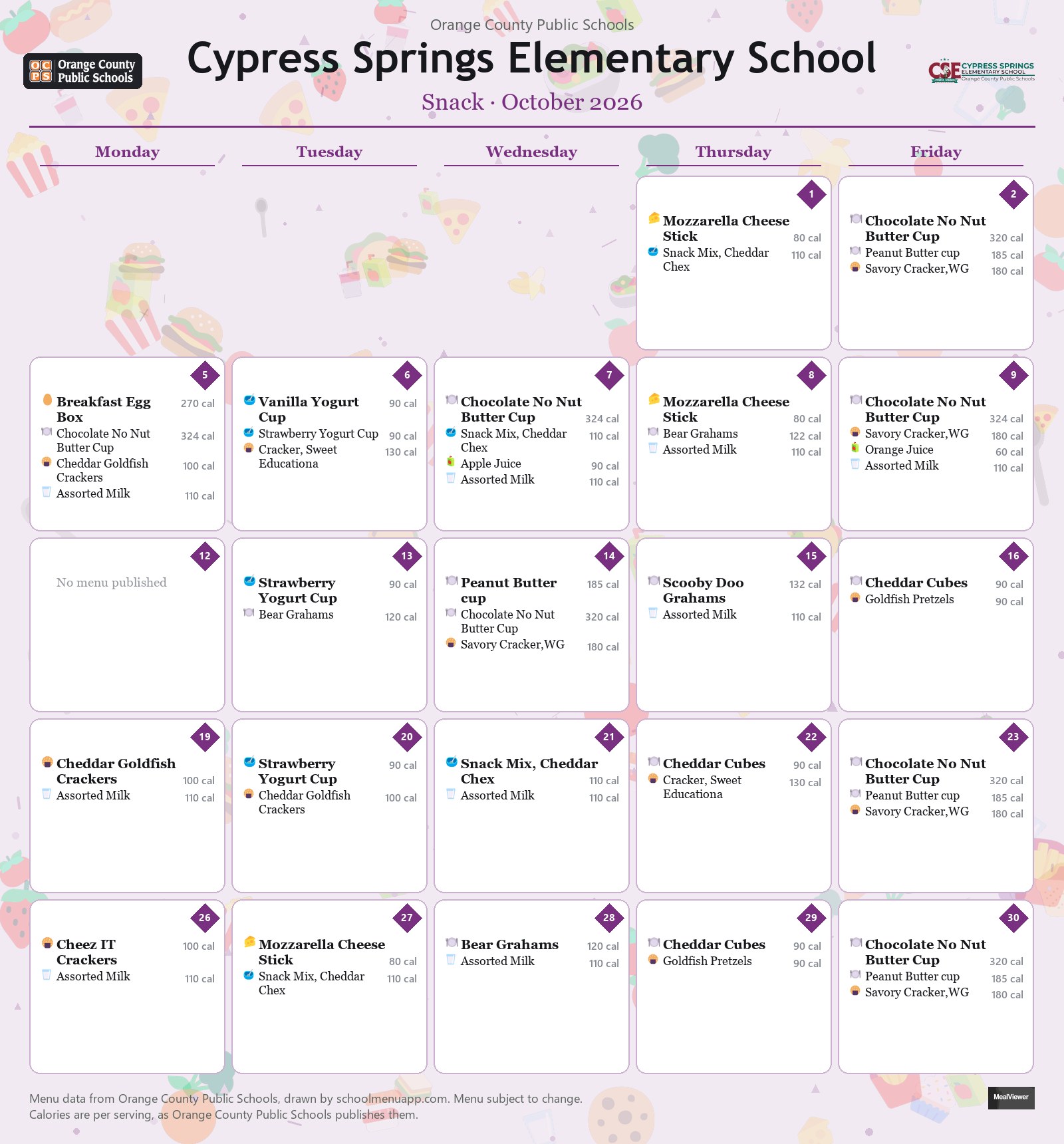 Cypress Springs Elementary School snack menu for October 2026 &mdash; Orange County Public Schools