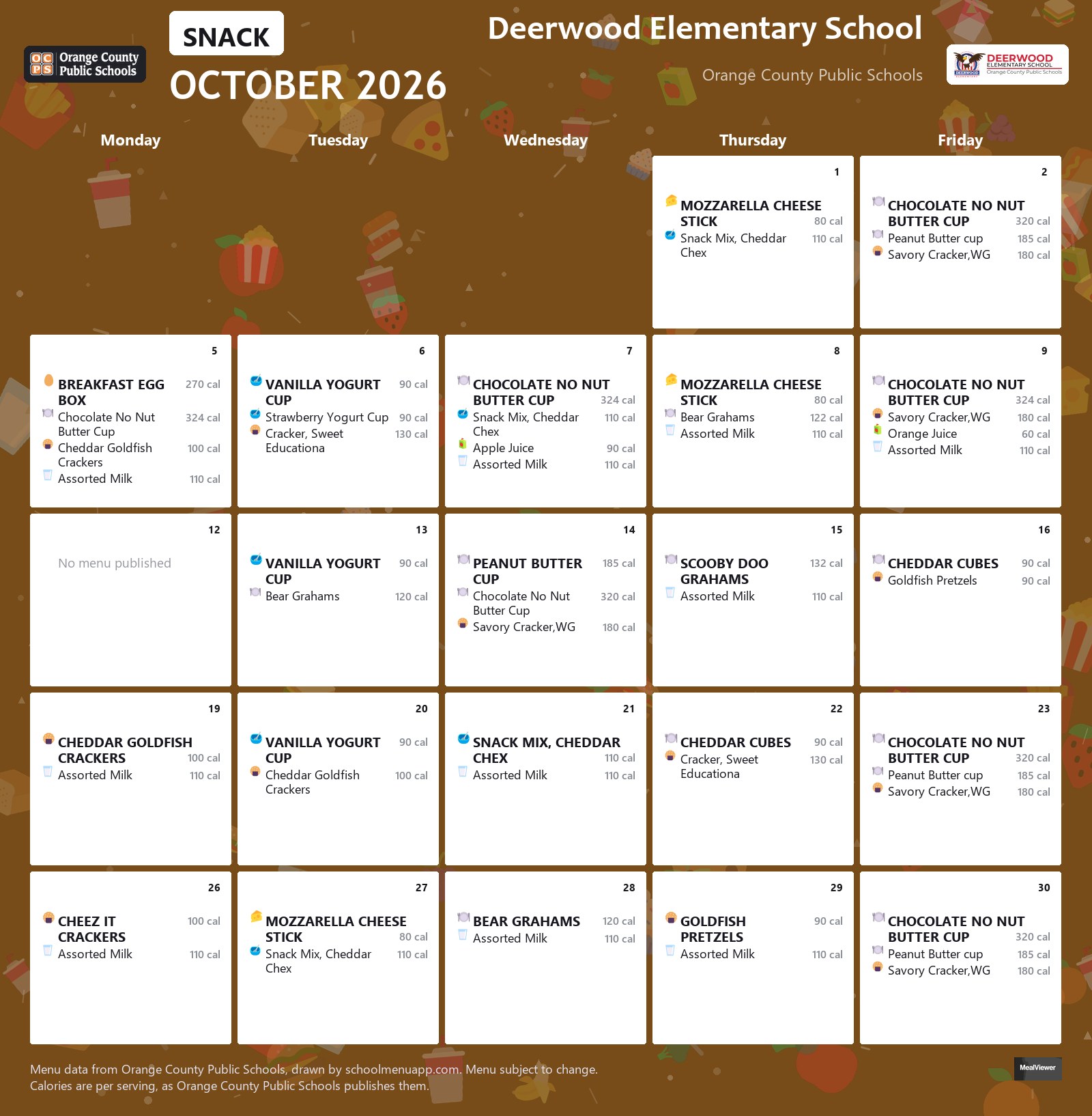 Deerwood Elementary School snack menu for October 2026 &mdash; Orange County Public Schools