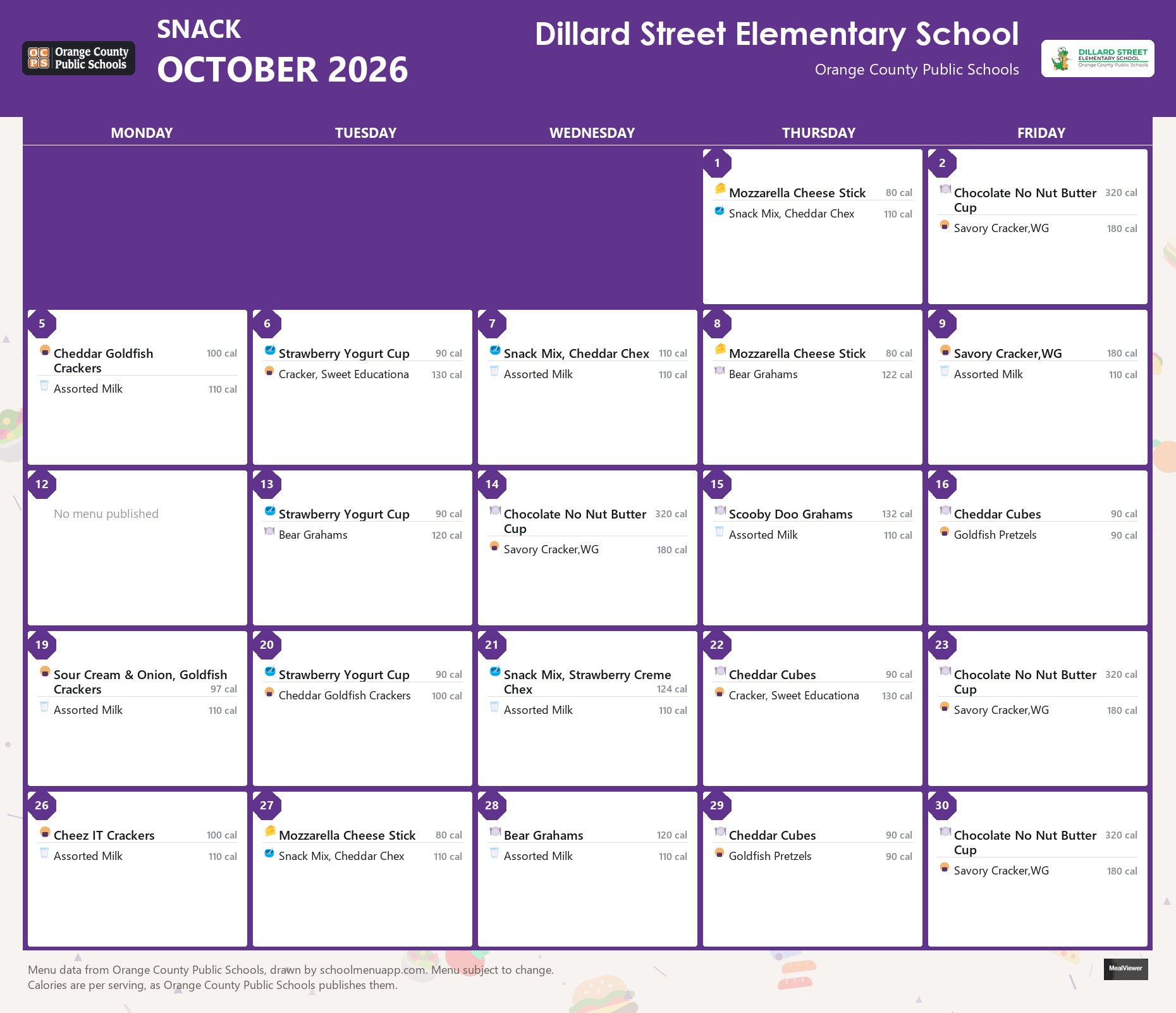 Dillard Street Elementary School snack menu for October 2026 &mdash; Orange County Public Schools