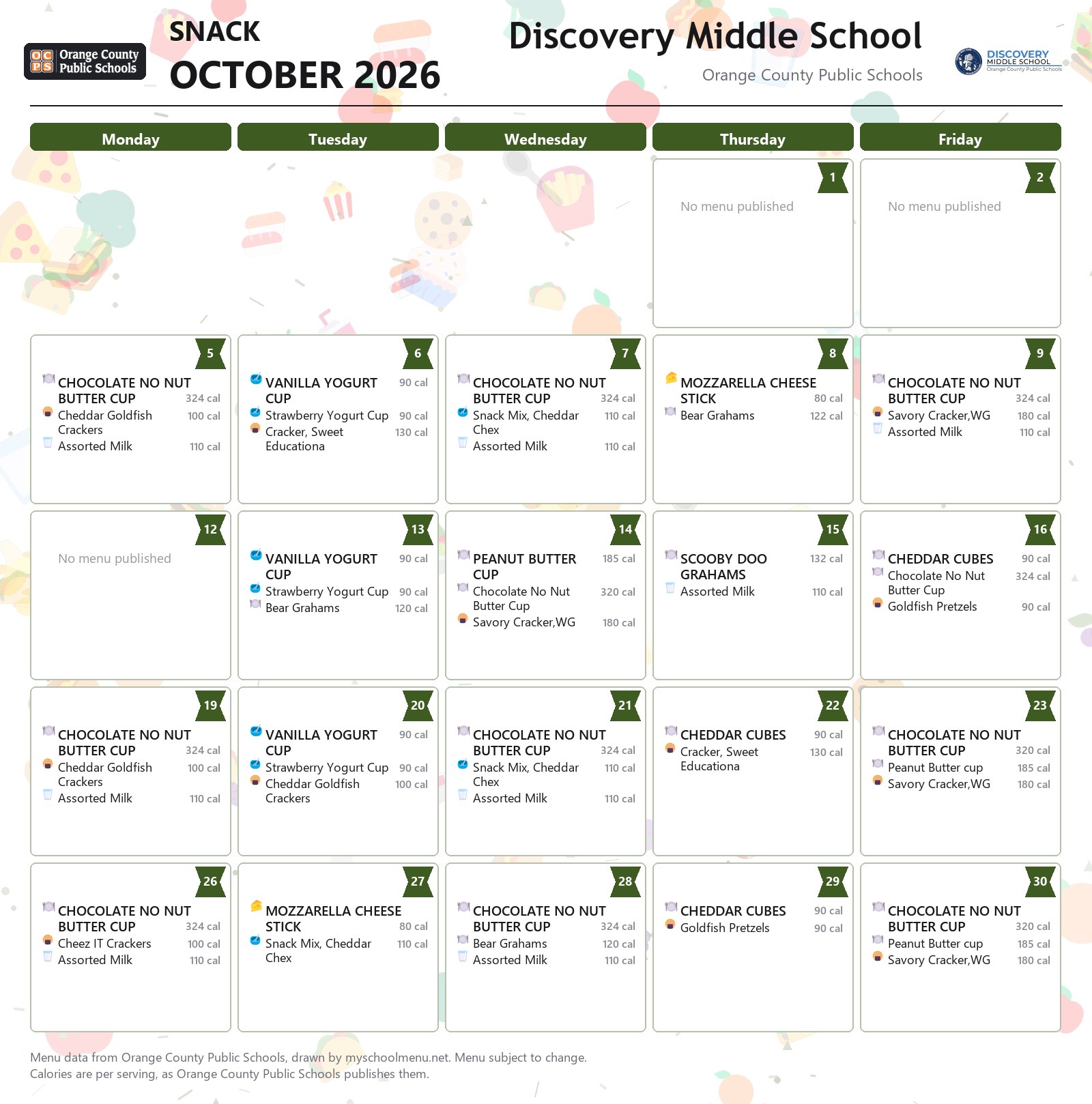 Discovery Middle School snack menu for October 2026 &mdash; Orange County Public Schools