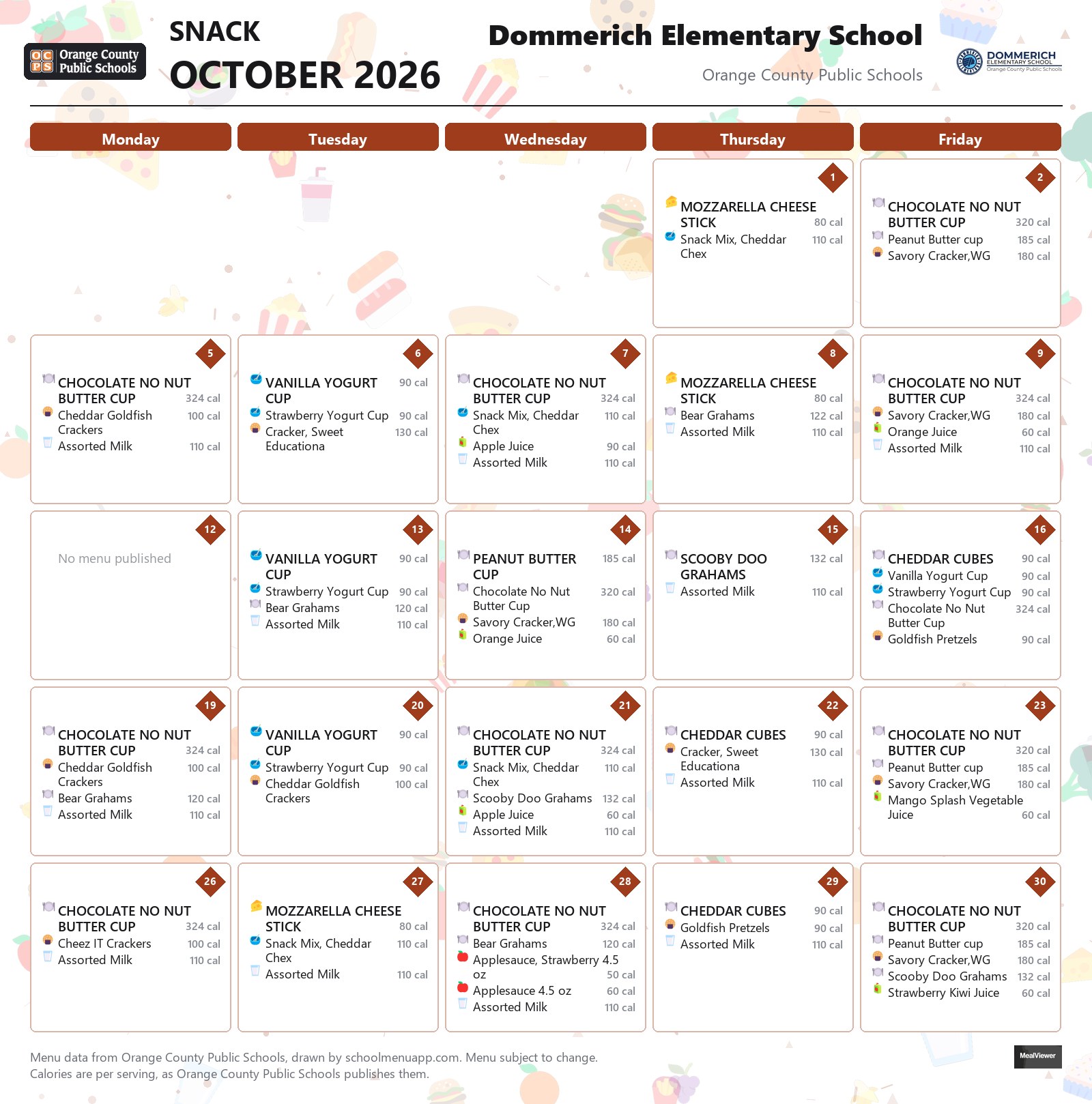 Dommerich Elementary School snack menu for October 2026 &mdash; Orange County Public Schools