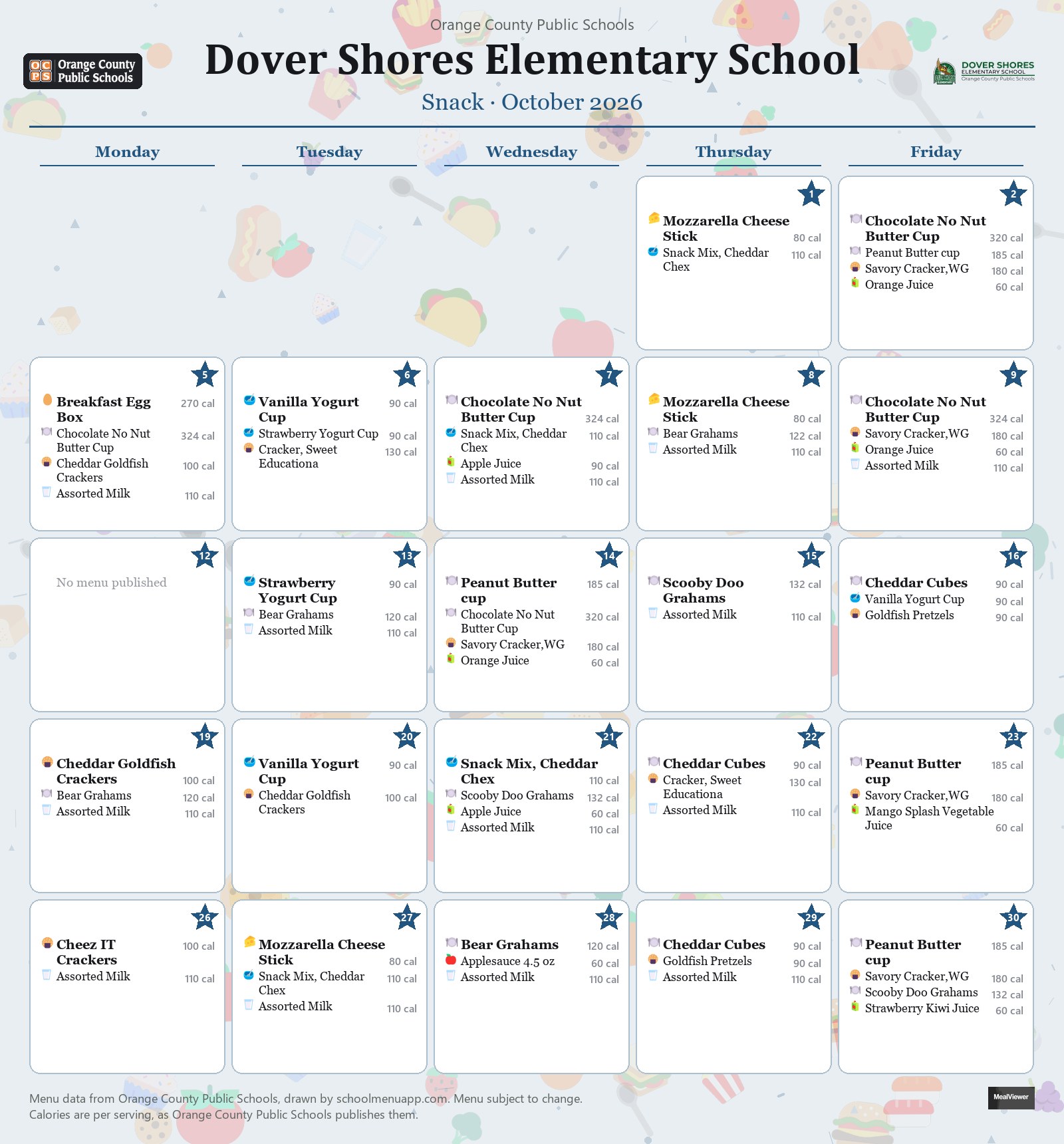 Dover Shores Elementary School snack menu for October 2026 &mdash; Orange County Public Schools