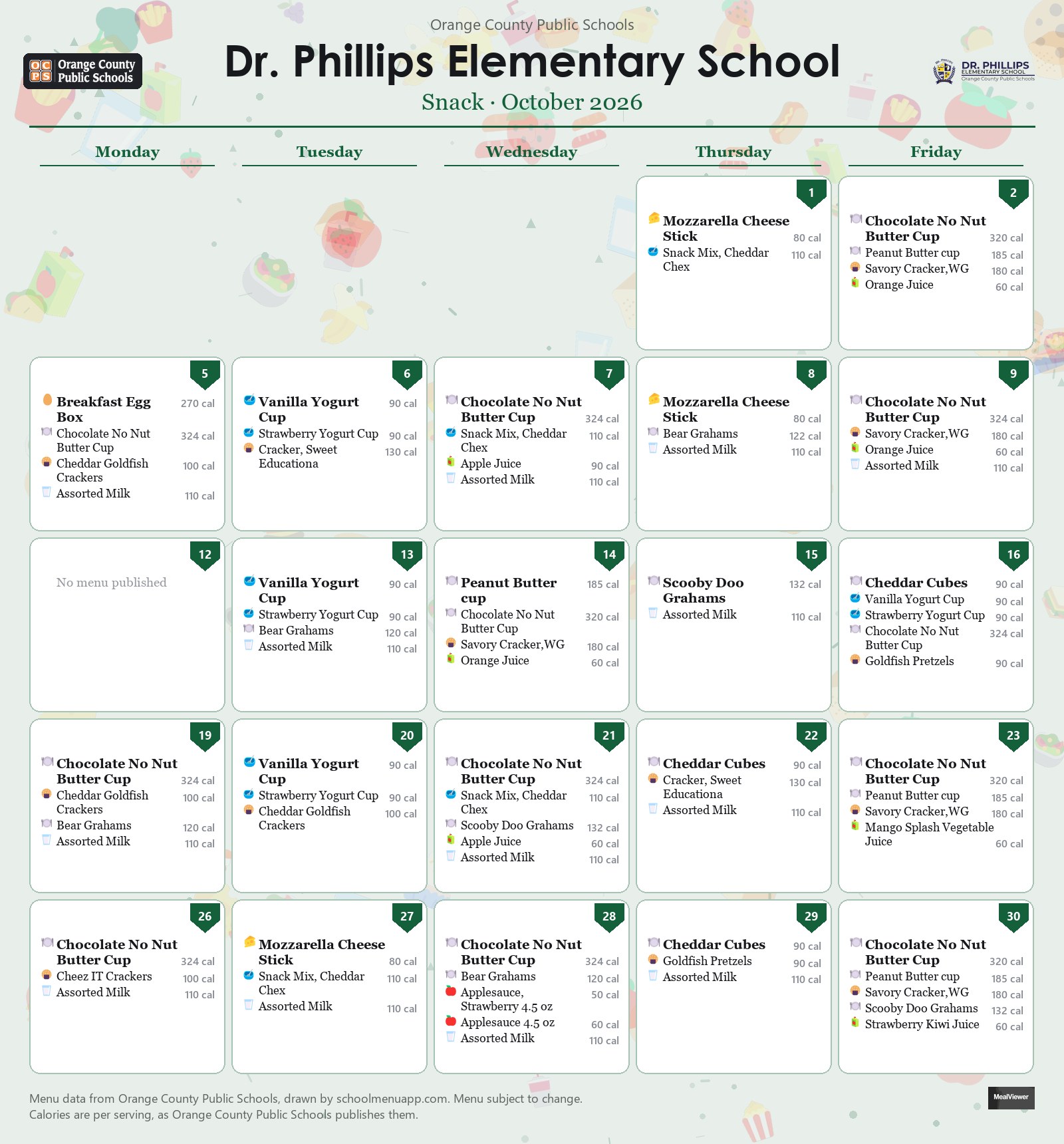 Dr. Phillips Elementary School snack menu for October 2026 &mdash; Orange County Public Schools