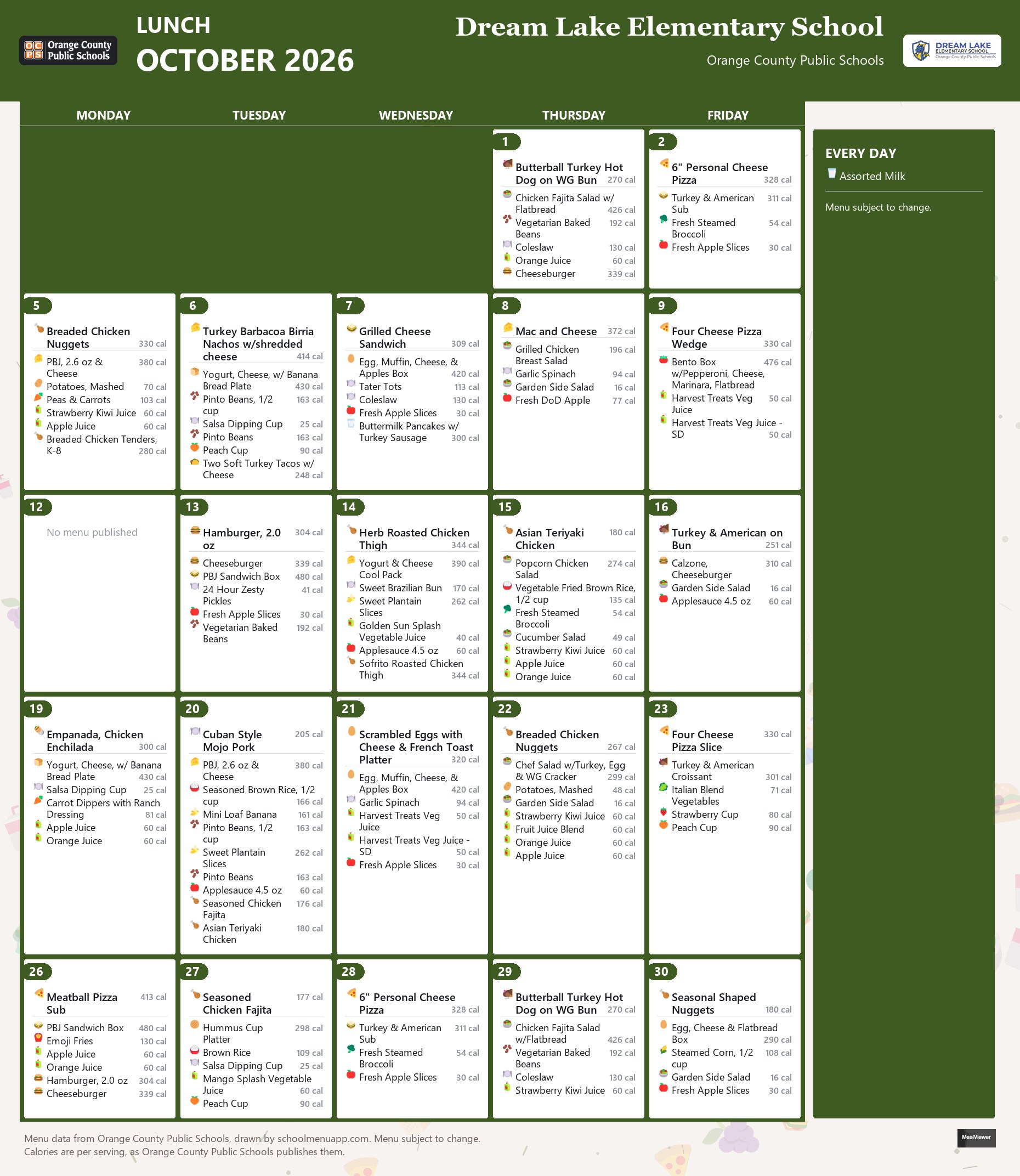 Dream Lake Elementary School lunch menu for October 2026 &mdash; Orange County Public Schools