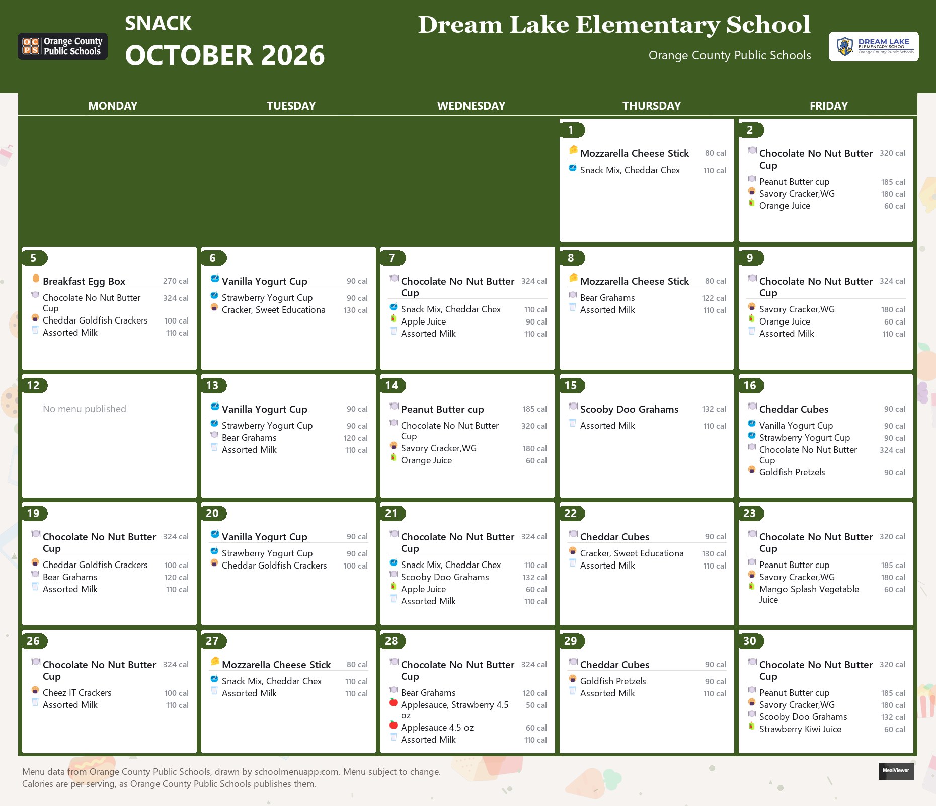Dream Lake Elementary School snack menu for October 2026 &mdash; Orange County Public Schools