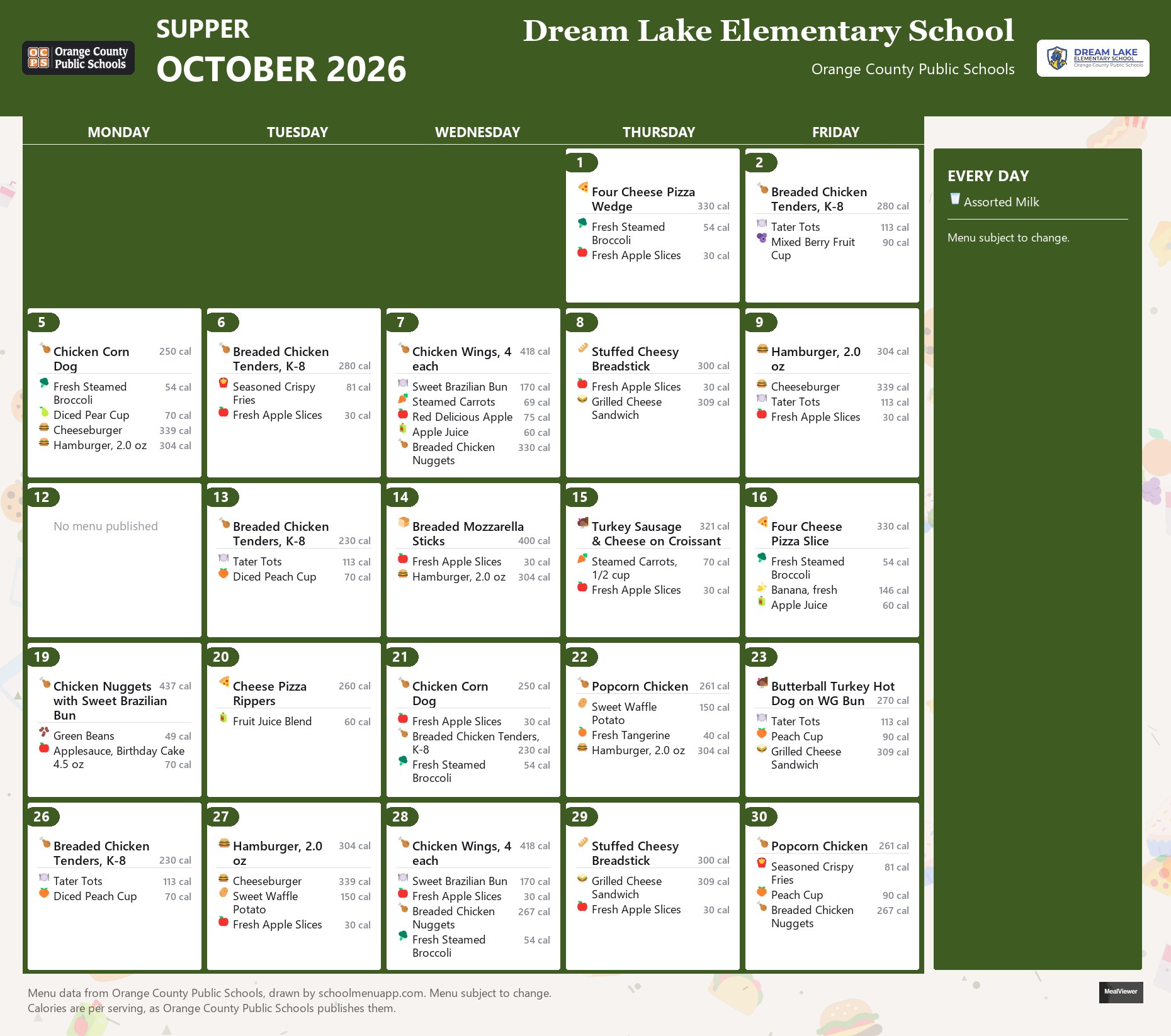 Dream Lake Elementary School supper menu for October 2026 &mdash; Orange County Public Schools