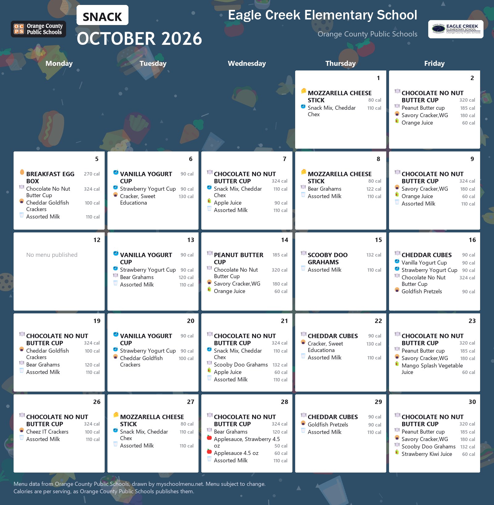 Eagle Creek Elementary School snack menu for October 2026 &mdash; Orange County Public Schools