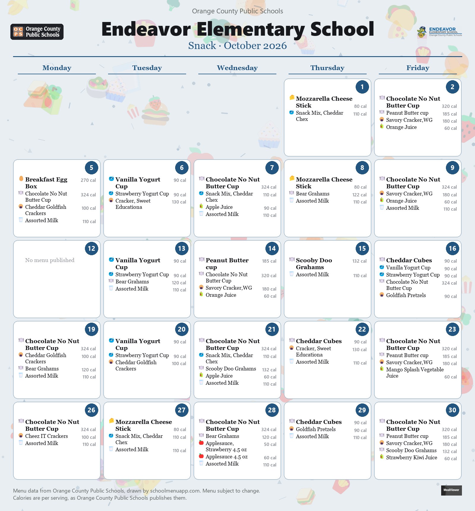 Endeavor Elementary School snack menu for October 2026 &mdash; Orange County Public Schools