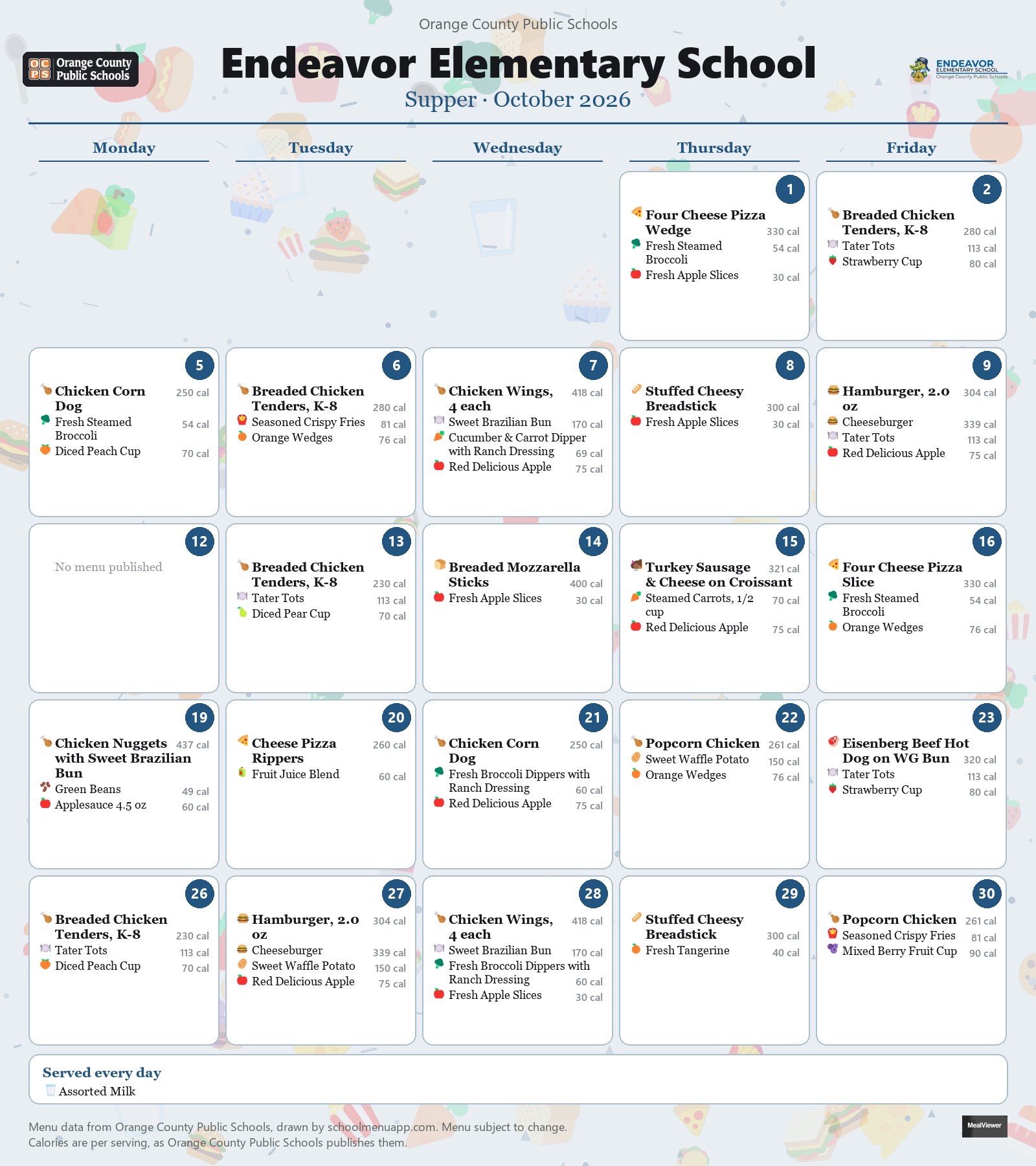 Endeavor Elementary School supper menu for October 2026 &mdash; Orange County Public Schools