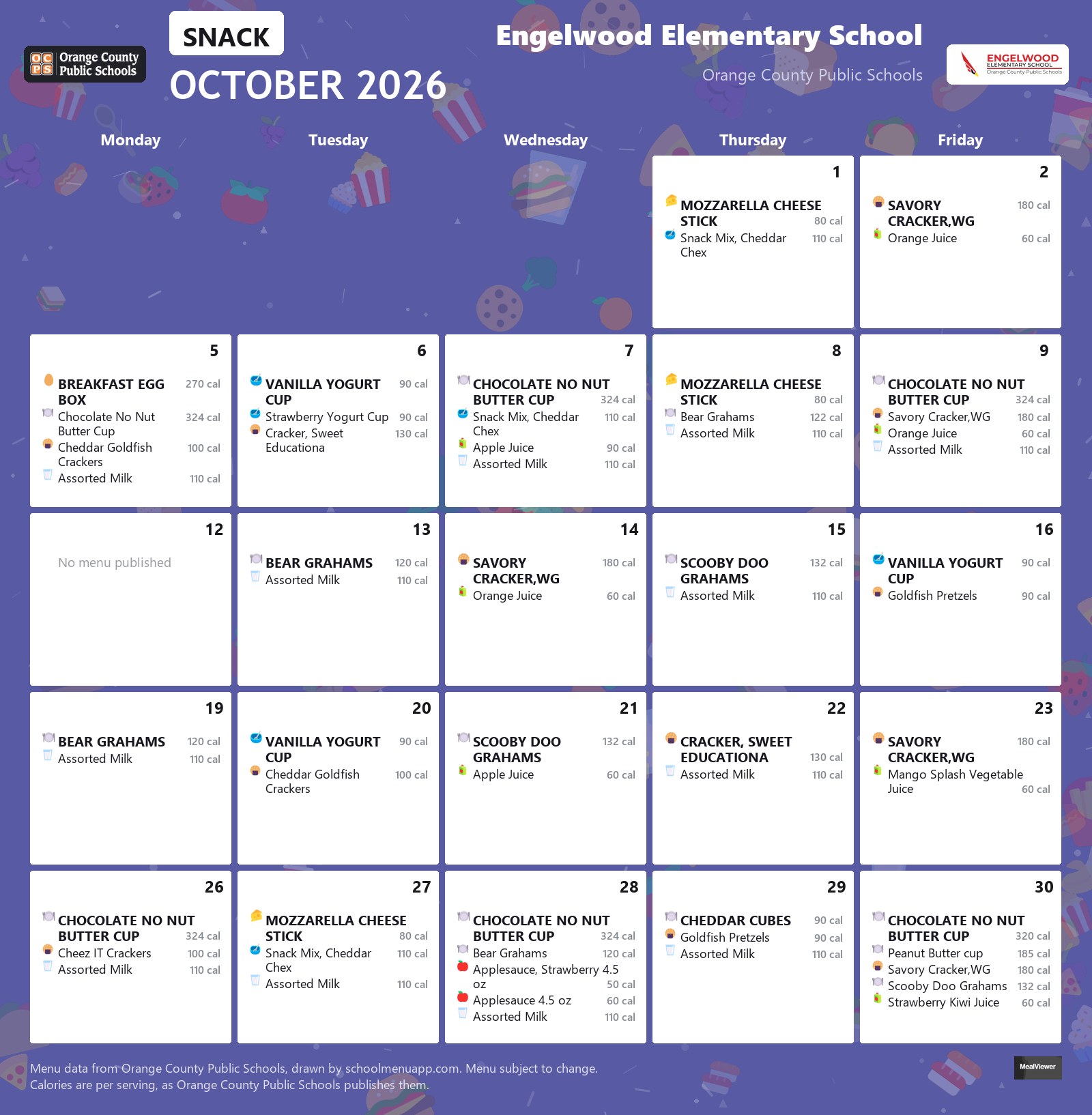 Engelwood Elementary School snack menu for October 2026 &mdash; Orange County Public Schools