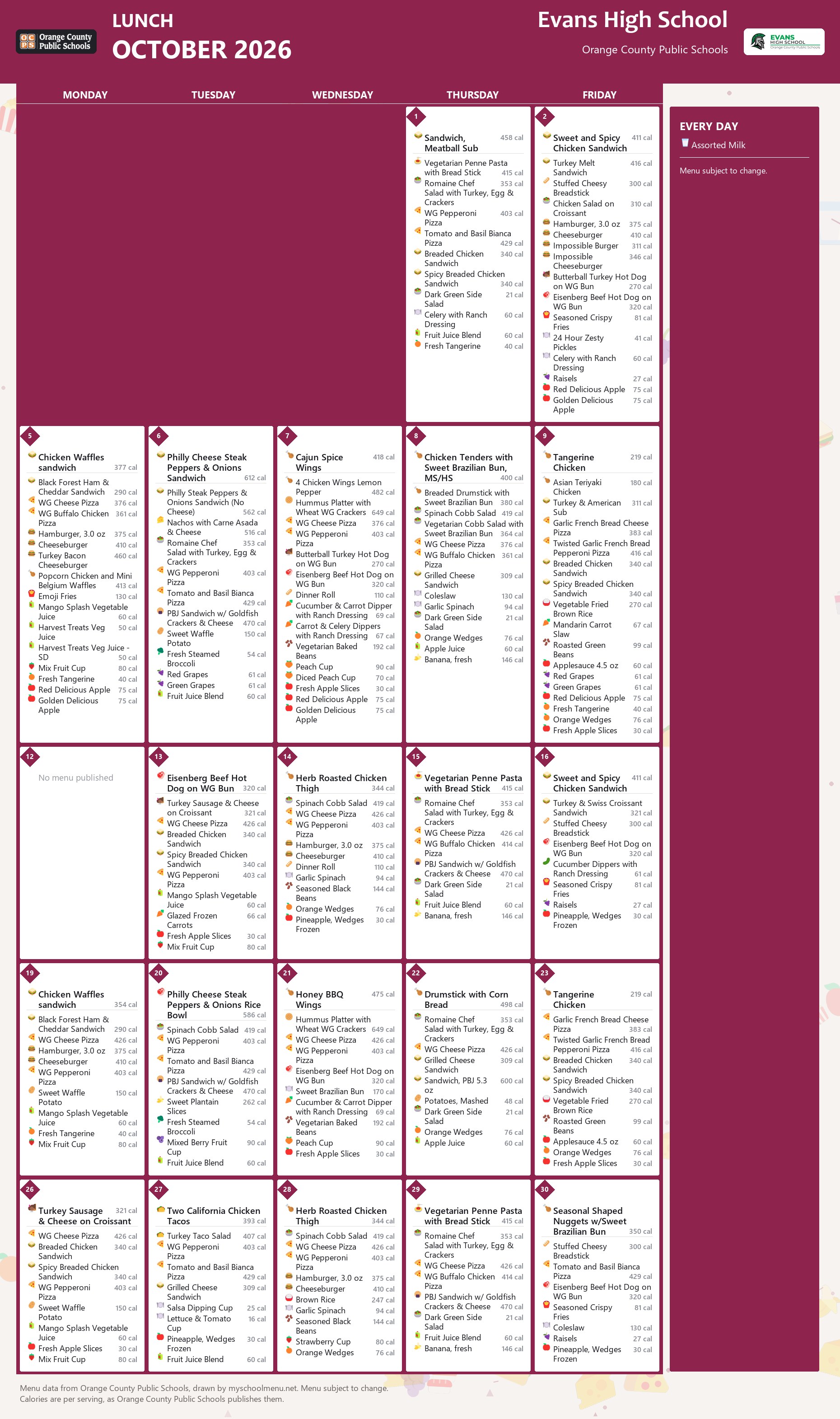 Evans High School lunch menu for October 2026 &mdash; Orange County Public Schools