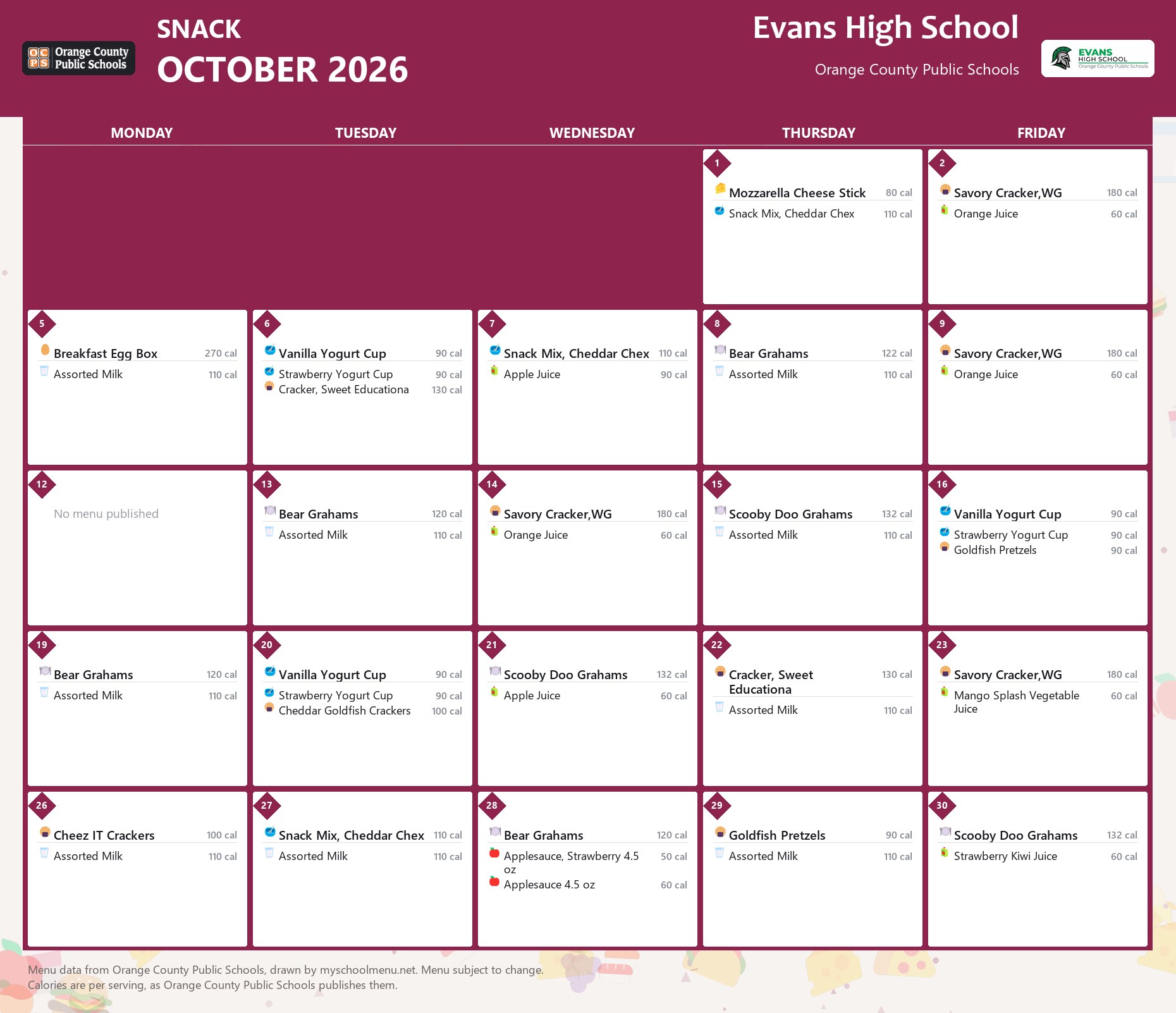 Evans High School snack menu for October 2026 &mdash; Orange County Public Schools