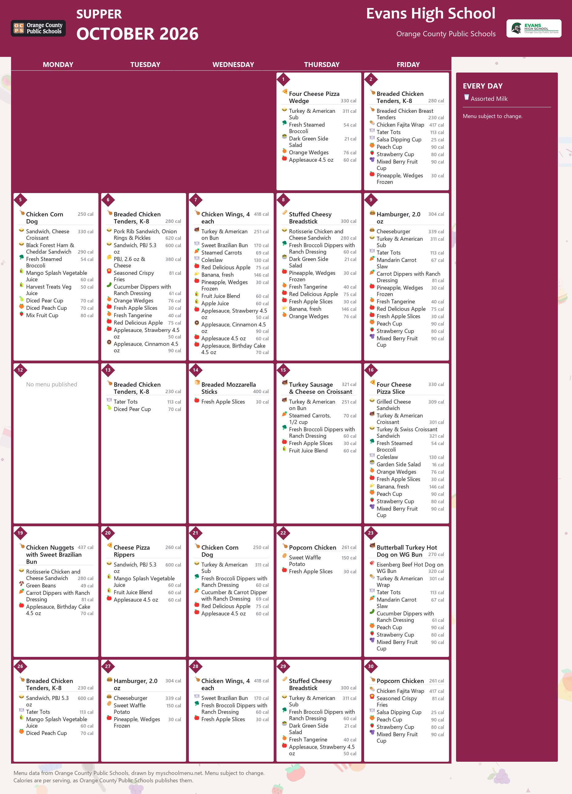 Evans High School supper menu for October 2026 &mdash; Orange County Public Schools