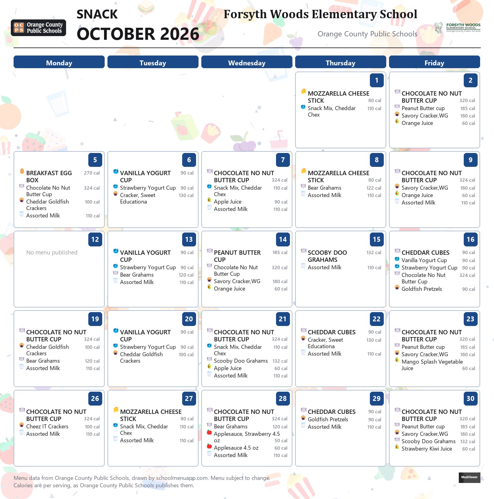 Forsyth Woods Elementary School snack menu for October 2026 &mdash; Orange County Public Schools