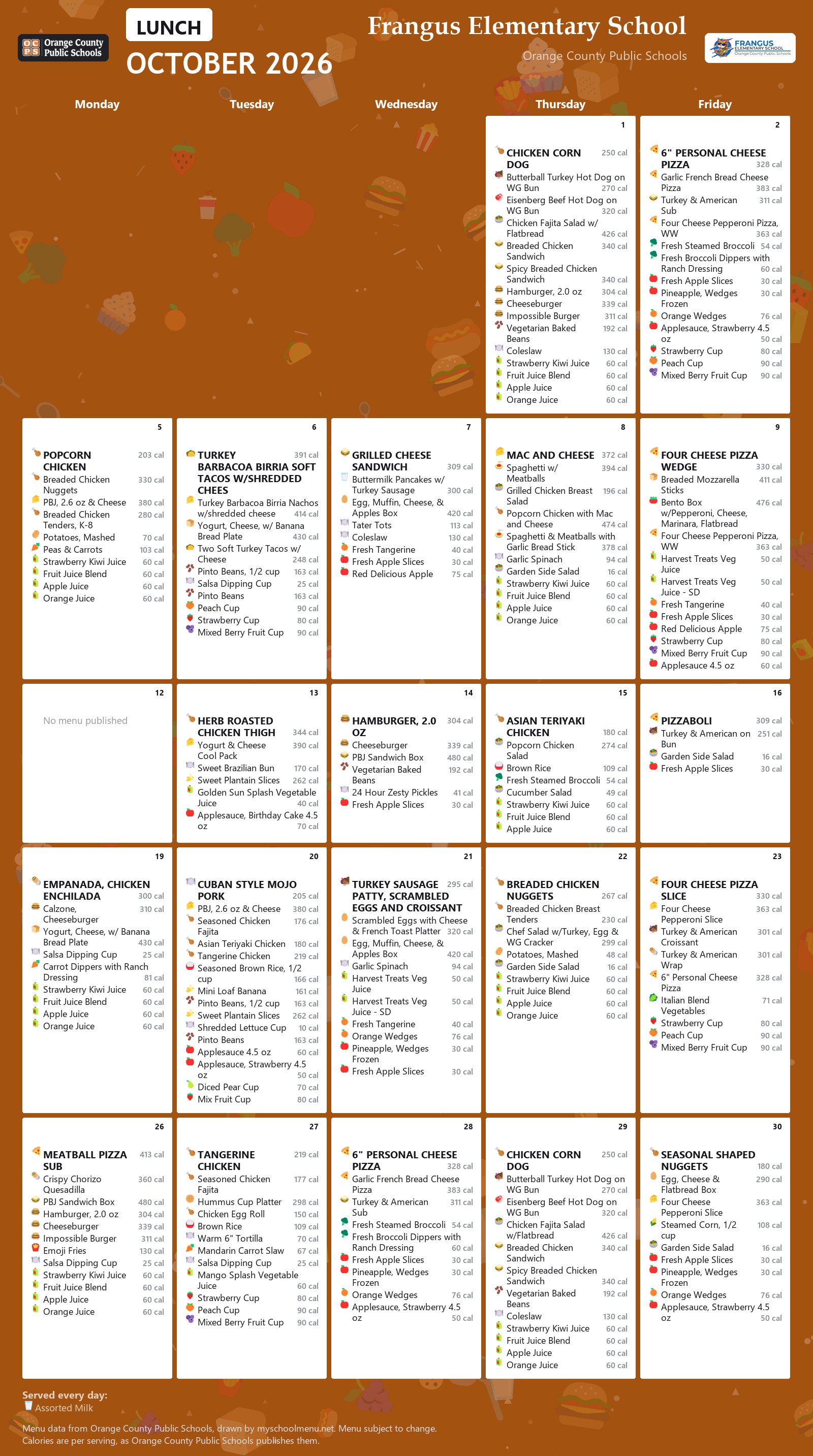Frangus Elementary School lunch menu for October 2026 &mdash; Orange County Public Schools