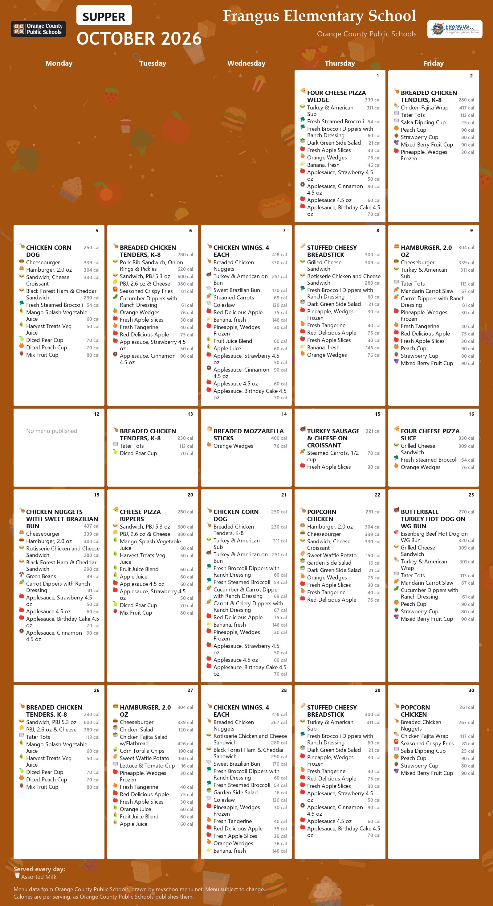Frangus Elementary School supper menu for October 2026 &mdash; Orange County Public Schools