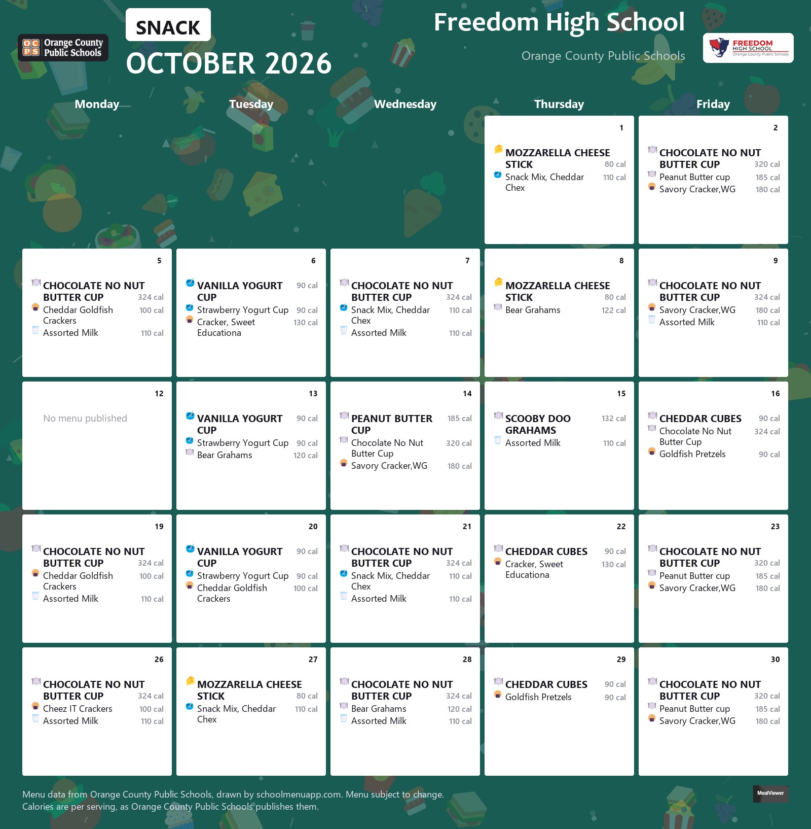 Freedom High School snack menu for October 2026 &mdash; Orange County Public Schools