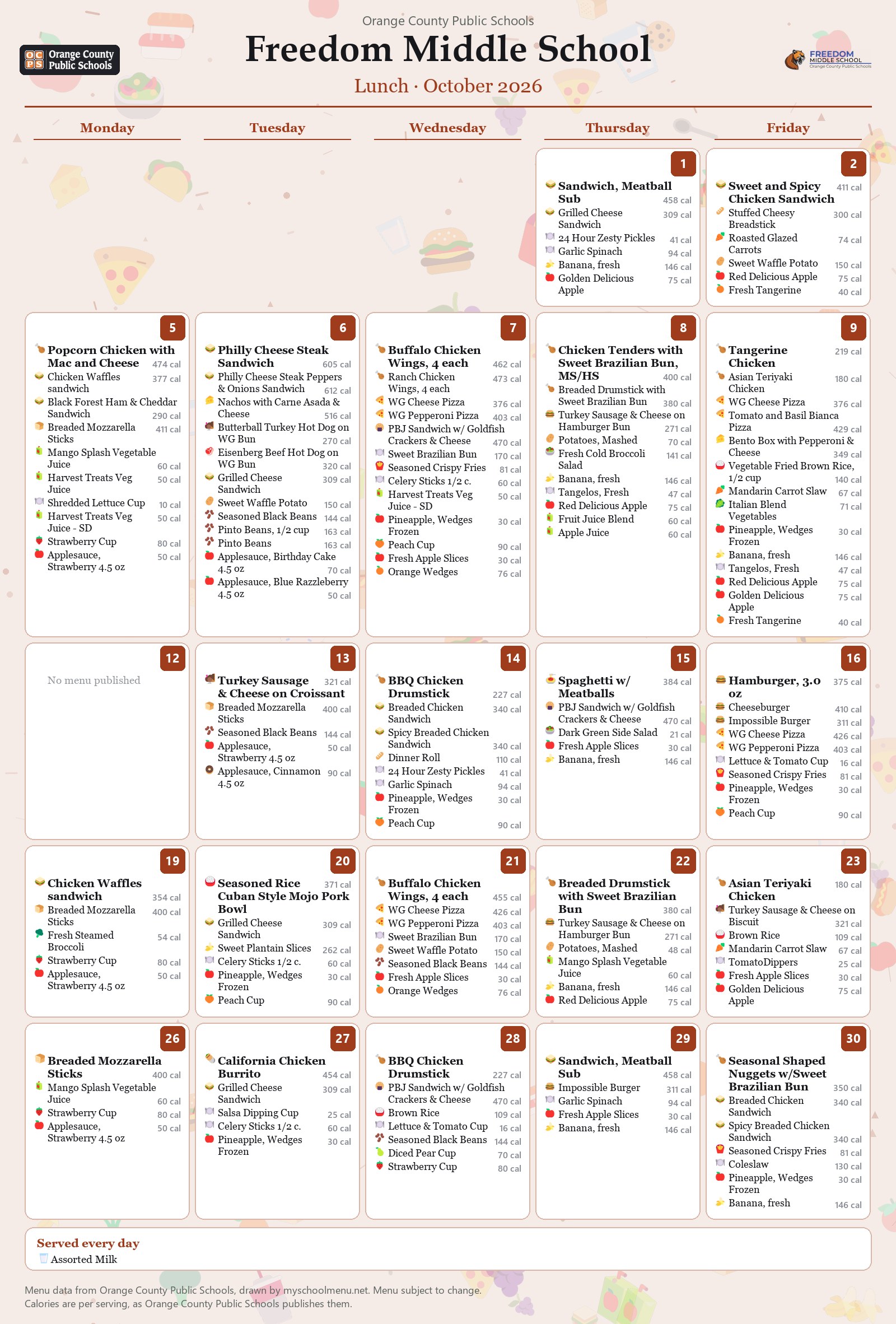Freedom Middle School lunch menu for October 2026 &mdash; Orange County Public Schools