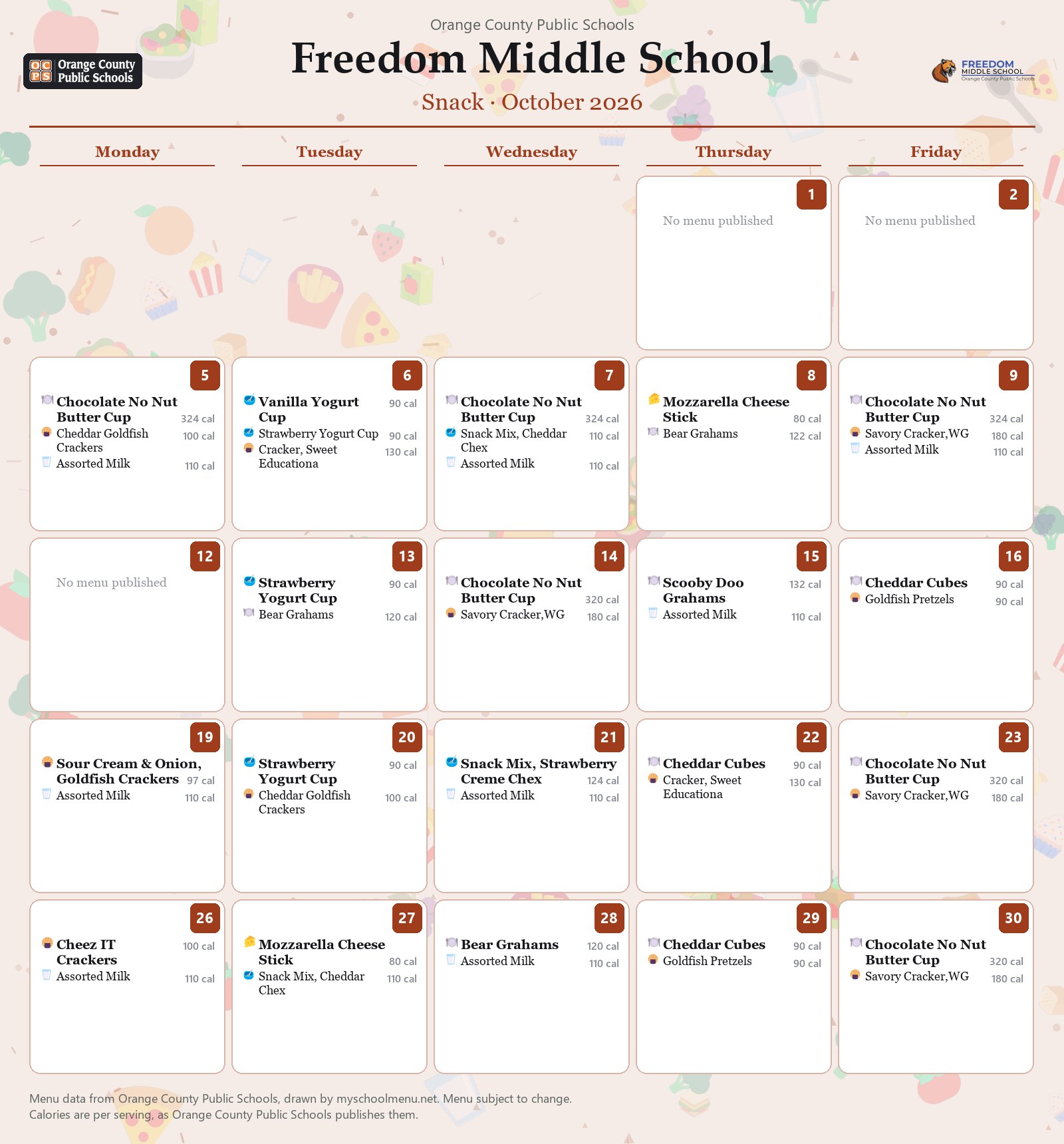 Freedom Middle School snack menu for October 2026 &mdash; Orange County Public Schools