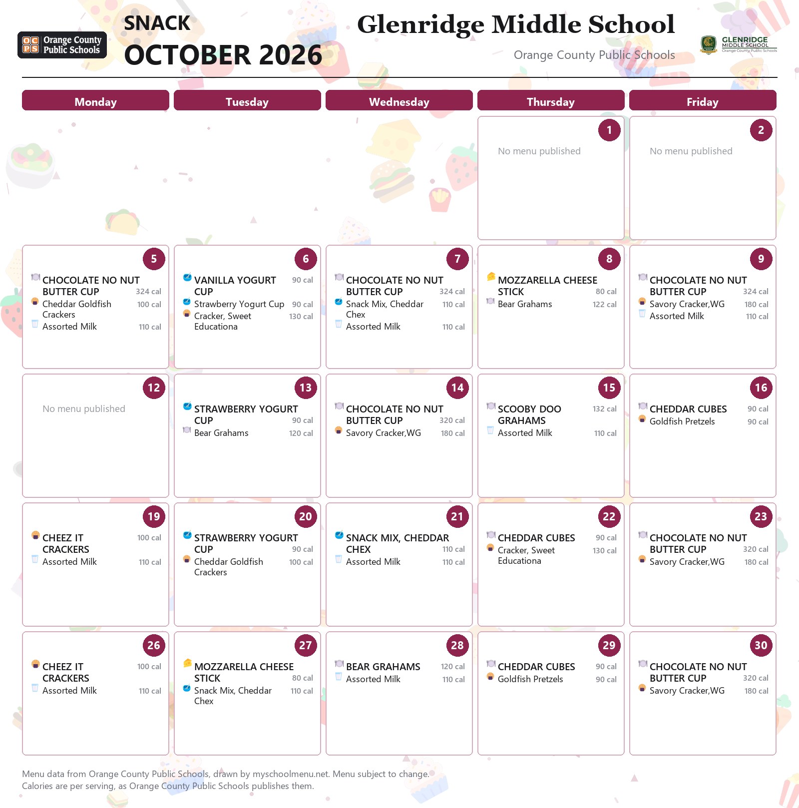 Glenridge Middle School snack menu for October 2026 &mdash; Orange County Public Schools