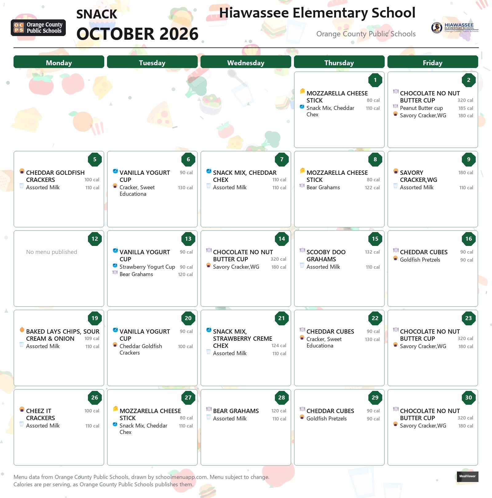 Hiawassee Elementary School snack menu for October 2026 &mdash; Orange County Public Schools