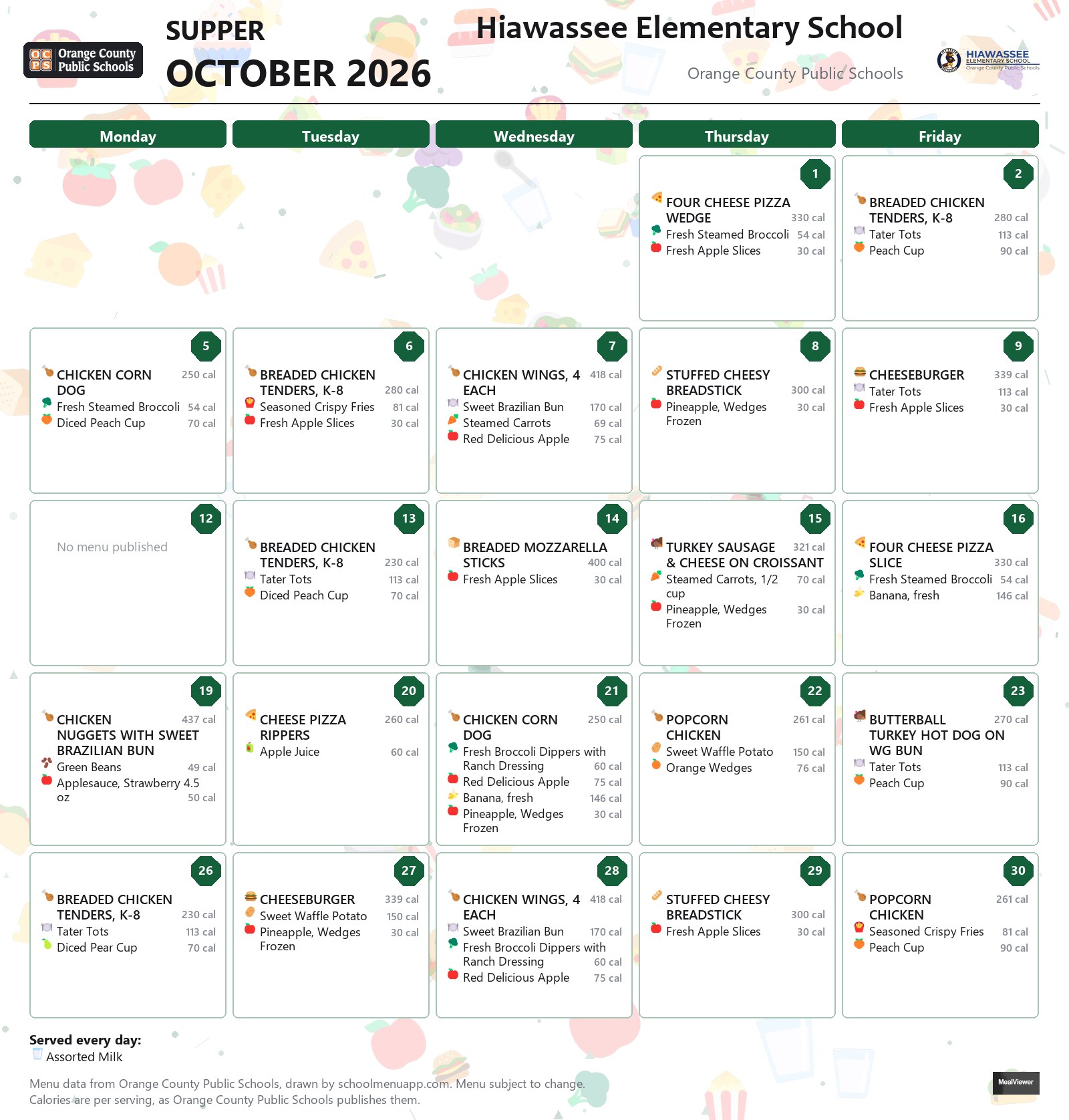 Hiawassee Elementary School supper menu for October 2026 &mdash; Orange County Public Schools