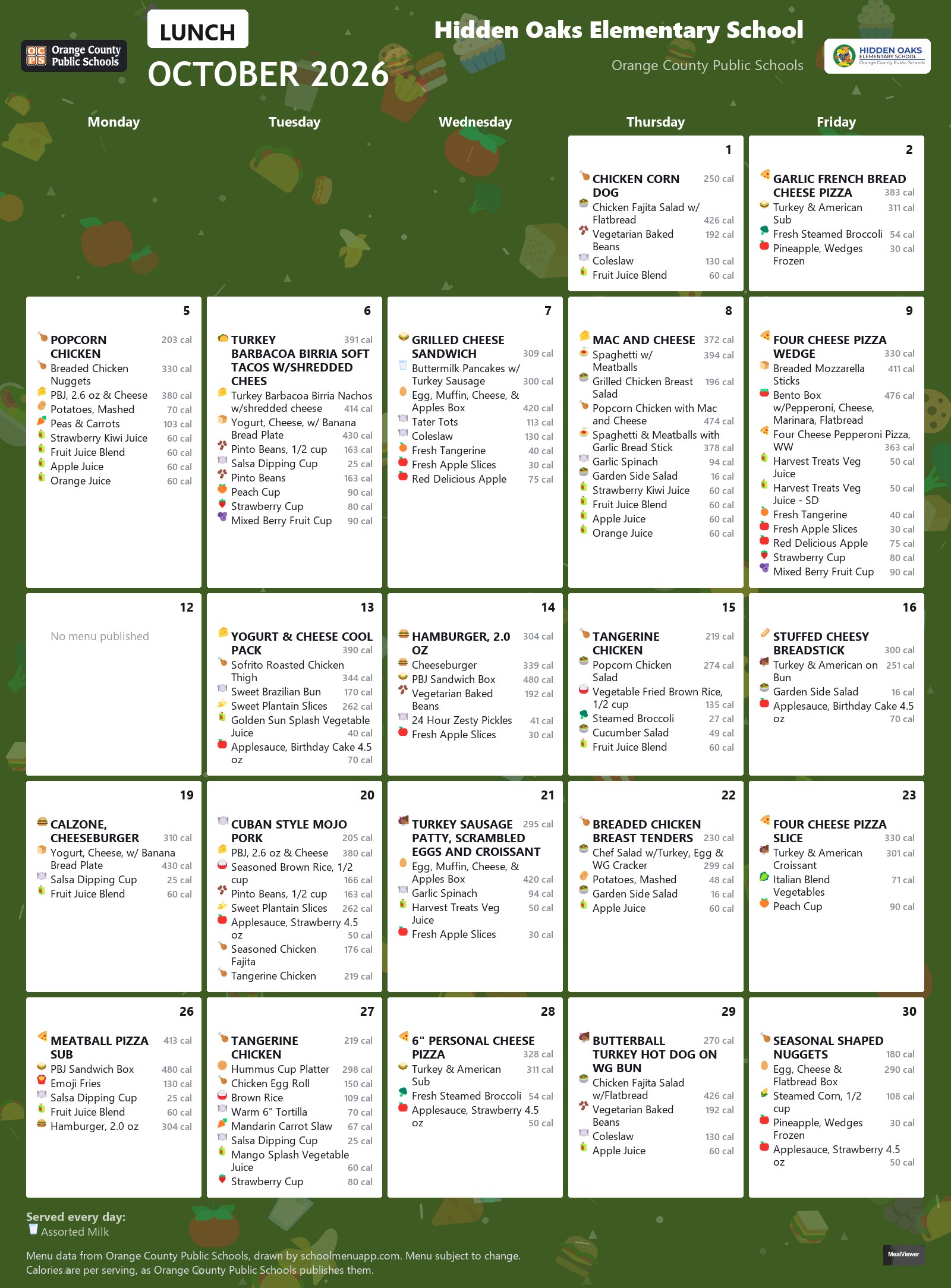 Hidden Oaks Elementary School lunch menu for October 2026 &mdash; Orange County Public Schools