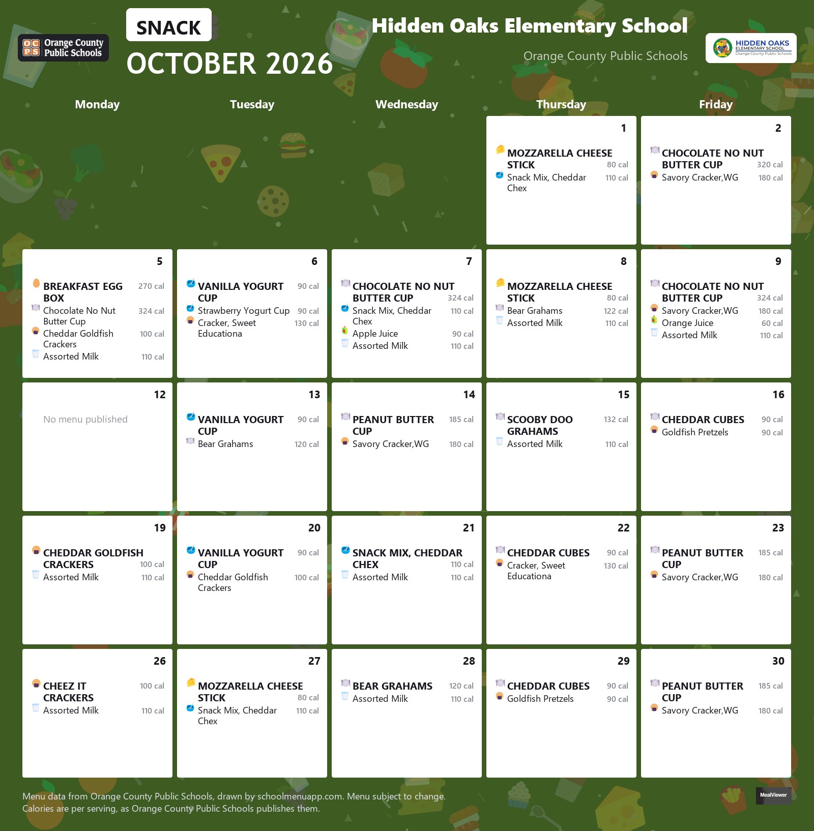 Hidden Oaks Elementary School snack menu for October 2026 &mdash; Orange County Public Schools