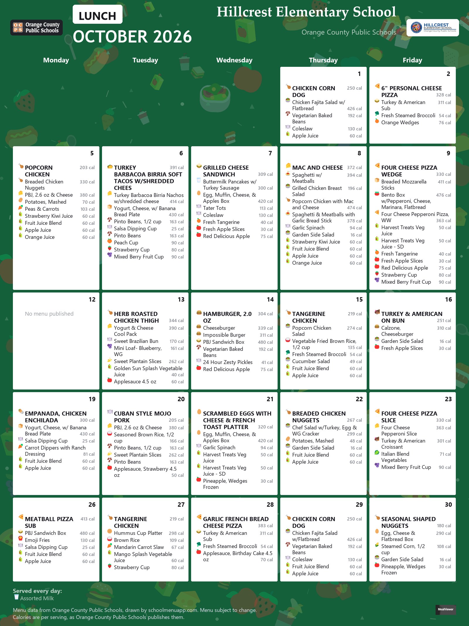 Hillcrest Elementary School lunch menu for October 2026 &mdash; Orange County Public Schools