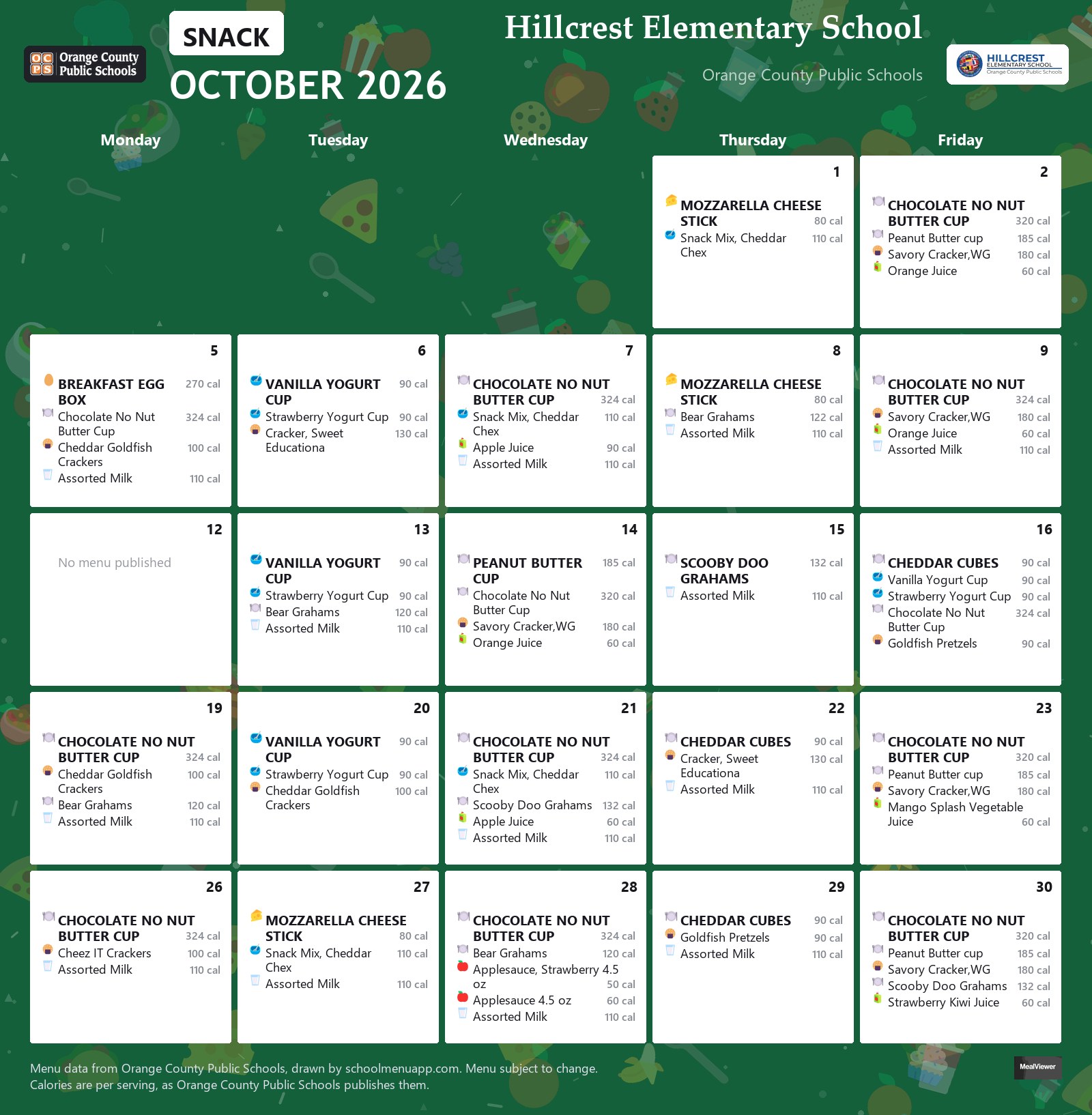 Hillcrest Elementary School snack menu for October 2026 &mdash; Orange County Public Schools