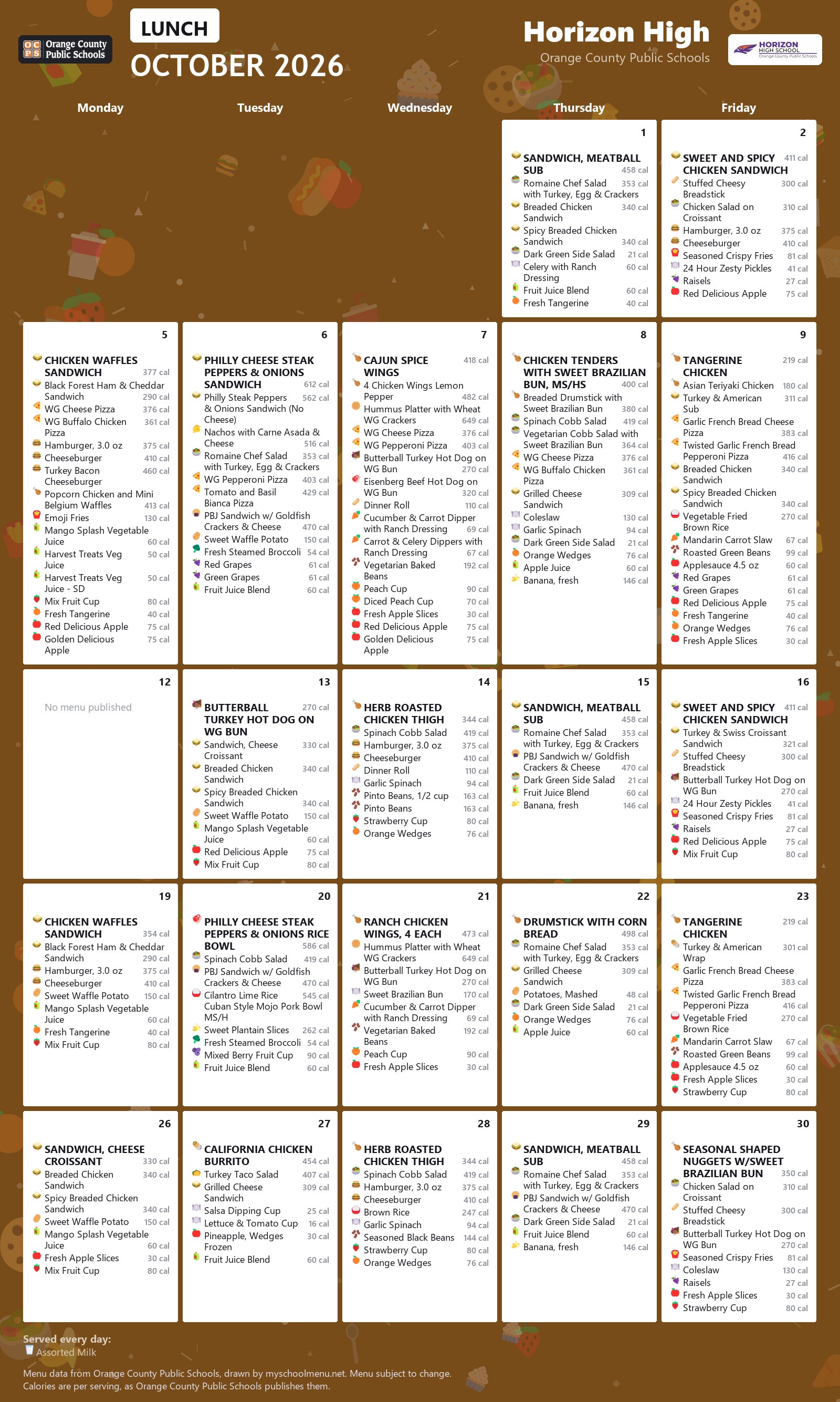 Horizon High lunch menu for October 2026 &mdash; Orange County Public Schools