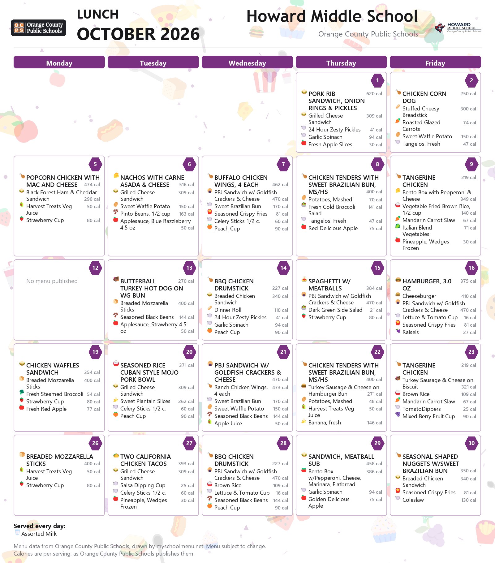 Howard Middle School lunch menu for October 2026 &mdash; Orange County Public Schools