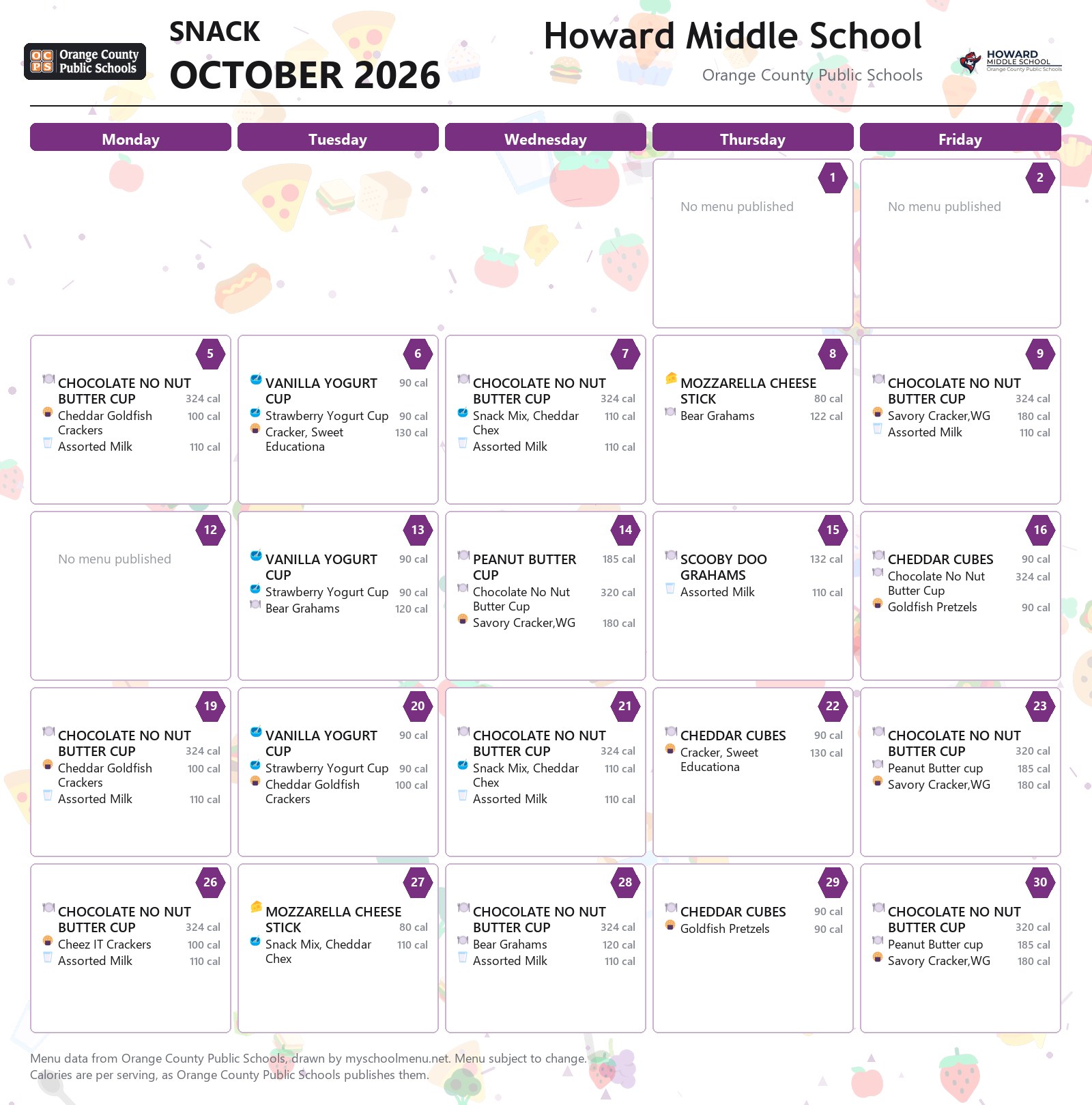 Howard Middle School snack menu for October 2026 &mdash; Orange County Public Schools