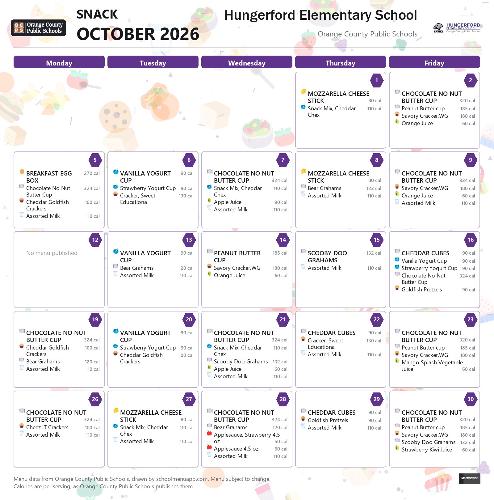 Hungerford Elementary School snack menu for October 2026 &mdash; Orange County Public Schools