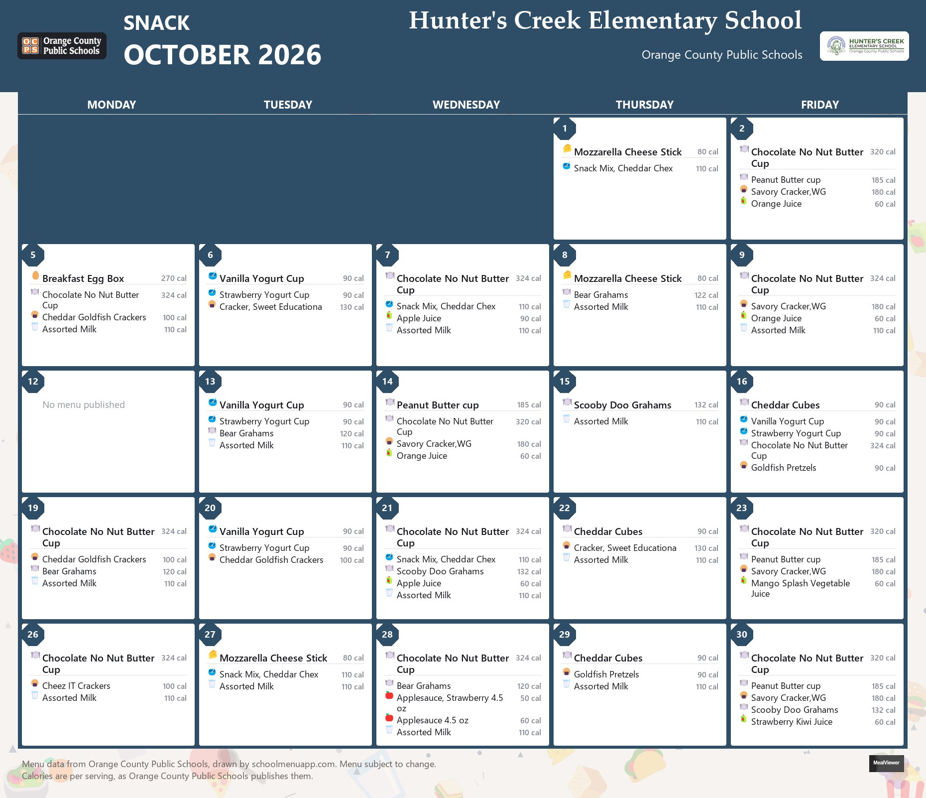 Hunter's Creek Elementary School snack menu for October 2026 &mdash; Orange County Public Schools