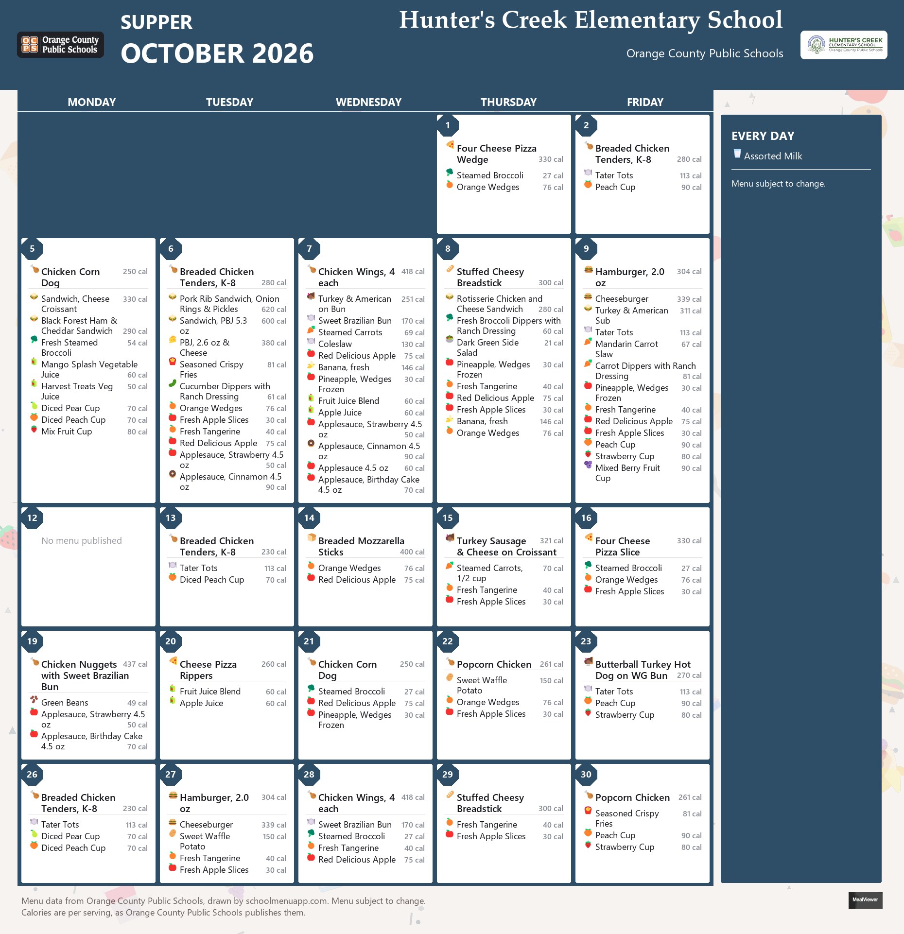 Hunter's Creek Elementary School supper menu for October 2026 &mdash; Orange County Public Schools