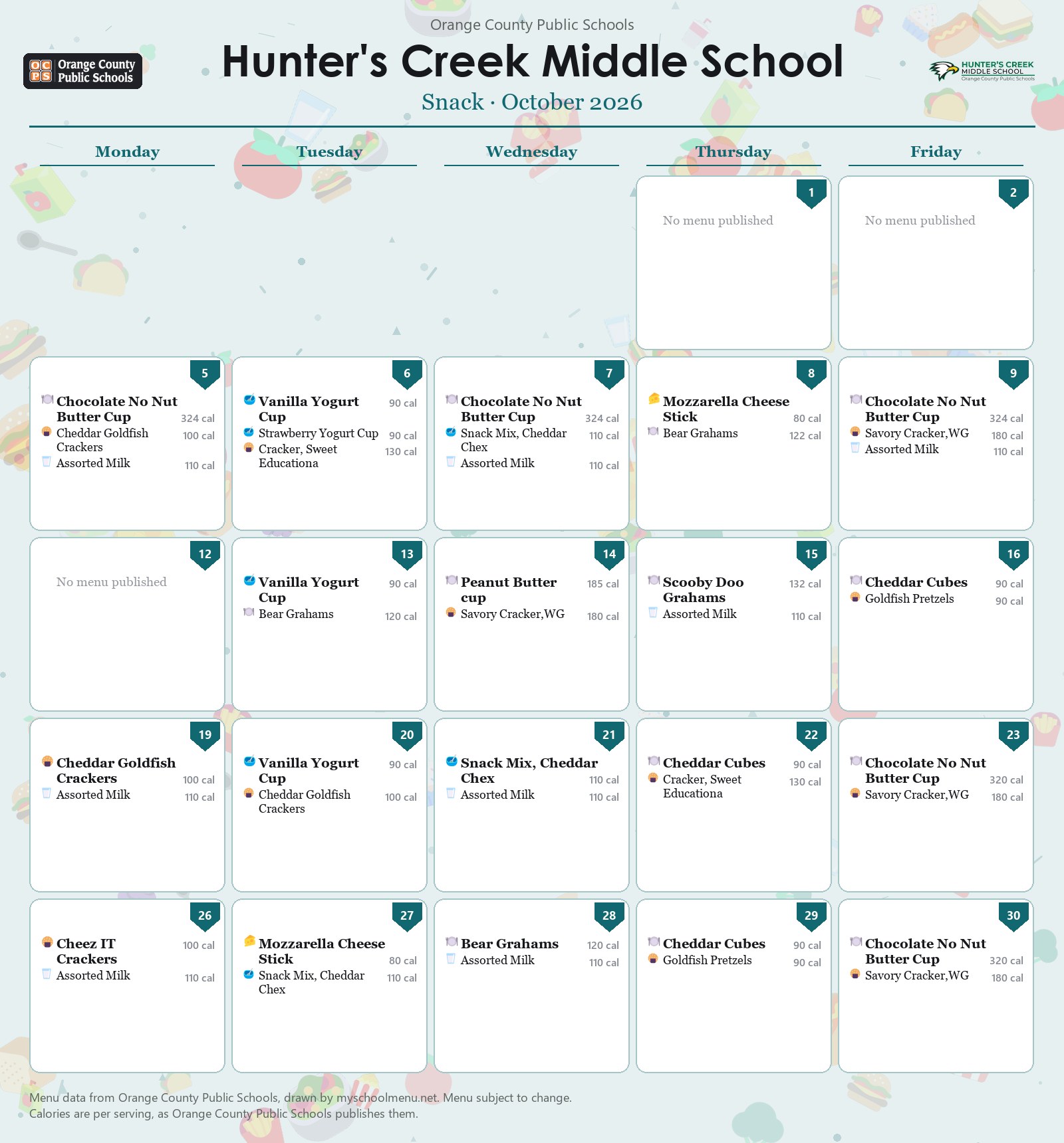 Hunter's Creek Middle School snack menu for October 2026 &mdash; Orange County Public Schools